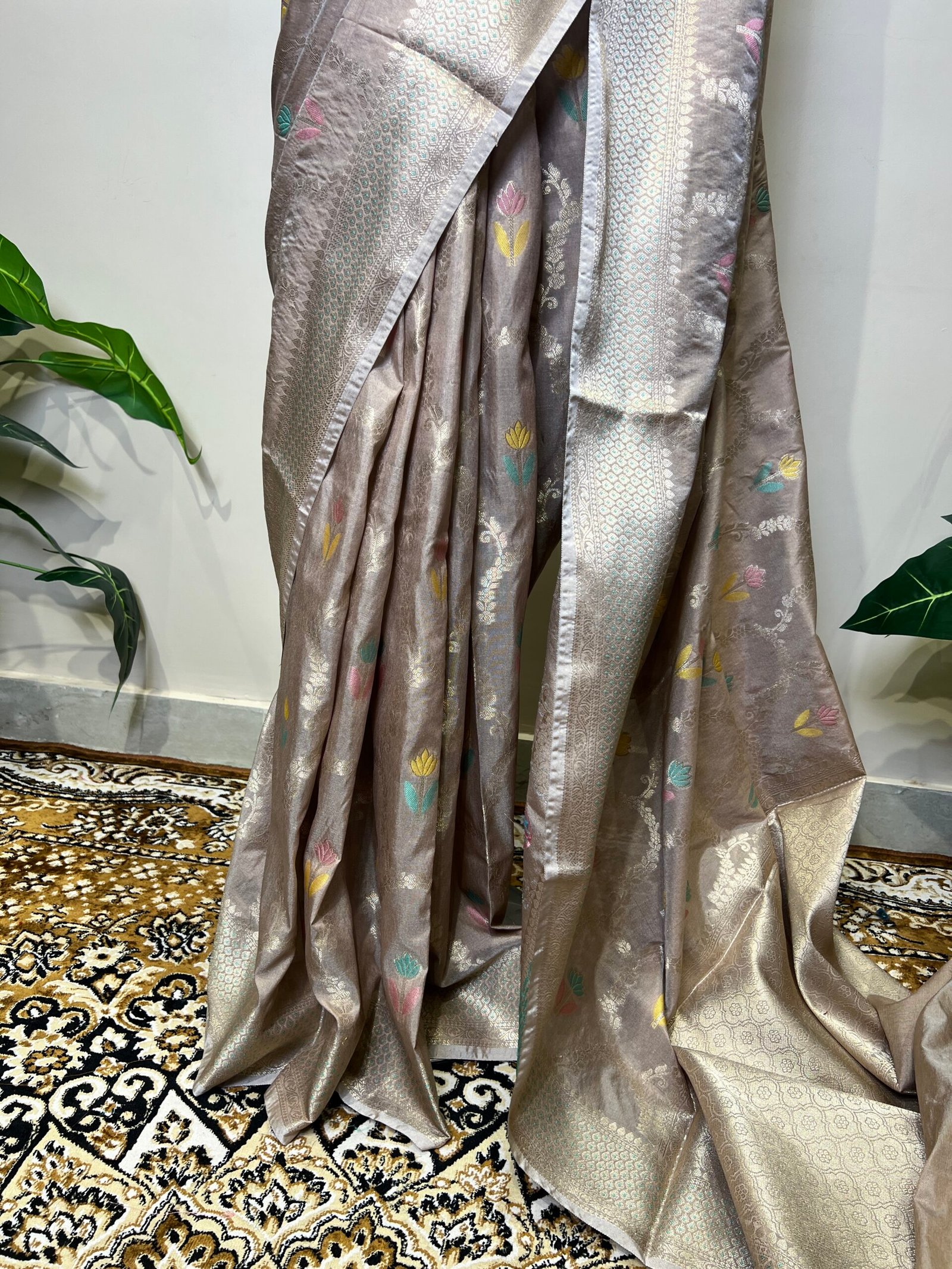 Taupe Grey Banarasi Saree with Silver Zari Weaving & Multicolor Floral Butis - Image 3