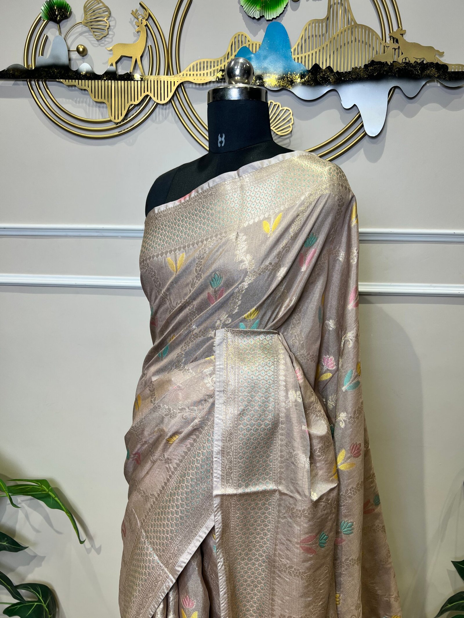 Taupe Grey Banarasi Saree with Silver Zari Weaving & Multicolor Floral Butis - Image 6