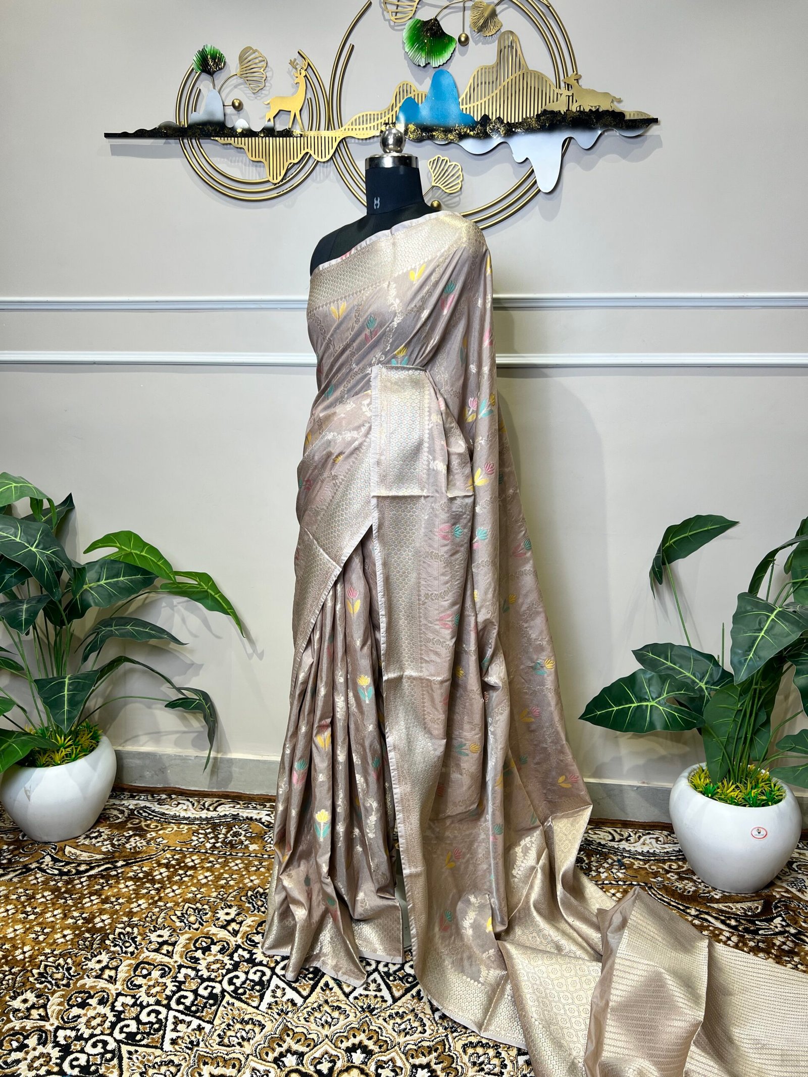 Taupe Grey Banarasi Saree with Silver Zari Weaving & Multicolor Floral Butis - Image 5