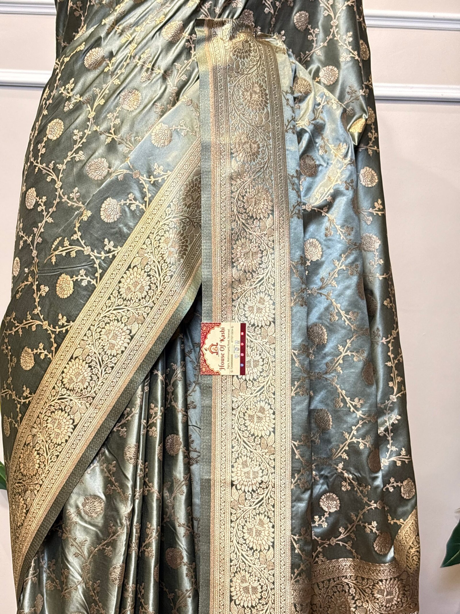 Sage Green Pure Banarasi Katan Silk Saree with Gold Zari Floral Jaal - Image 6