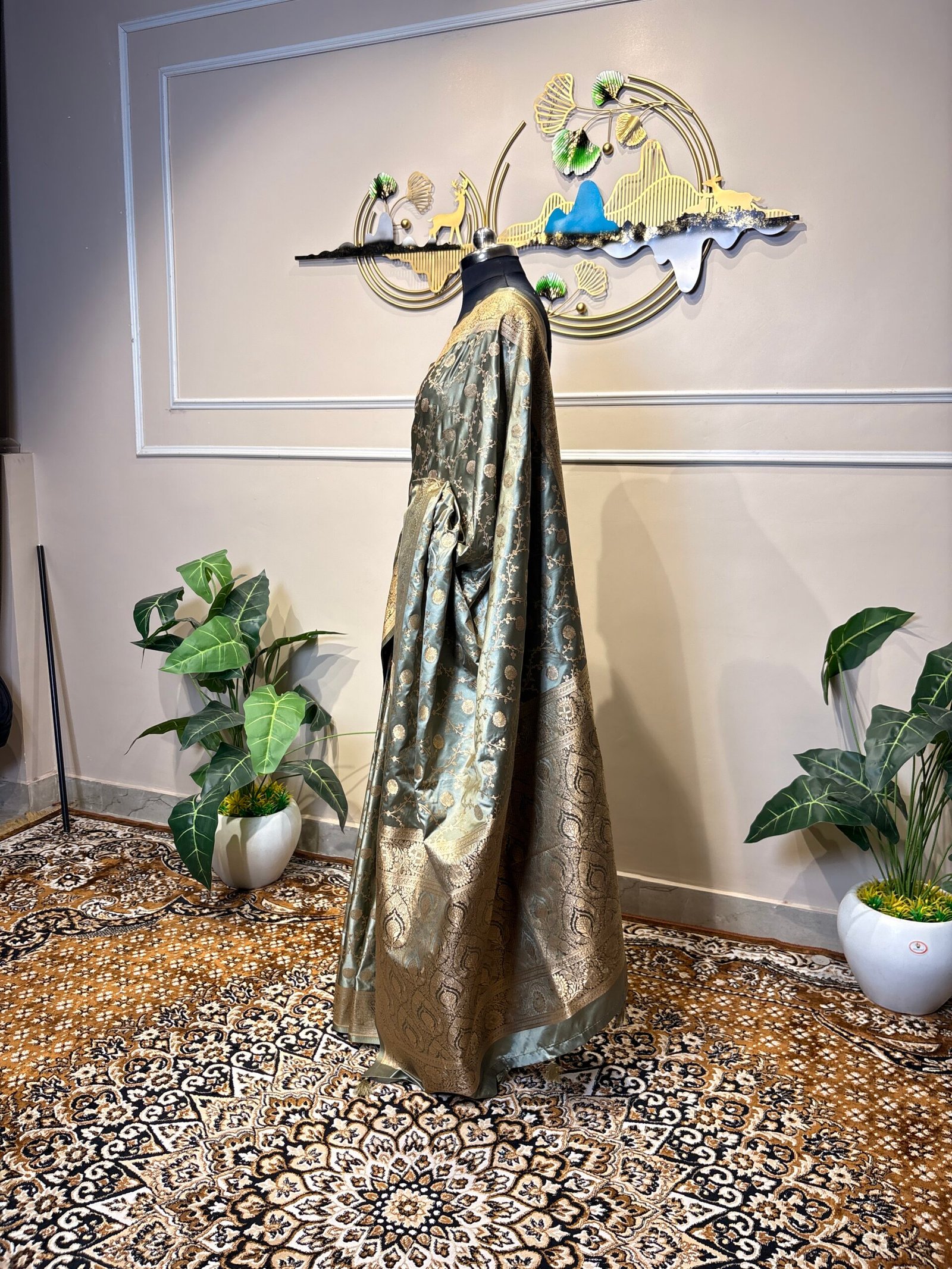 Sage Green Pure Banarasi Katan Silk Saree with Gold Zari Floral Jaal - Image 3