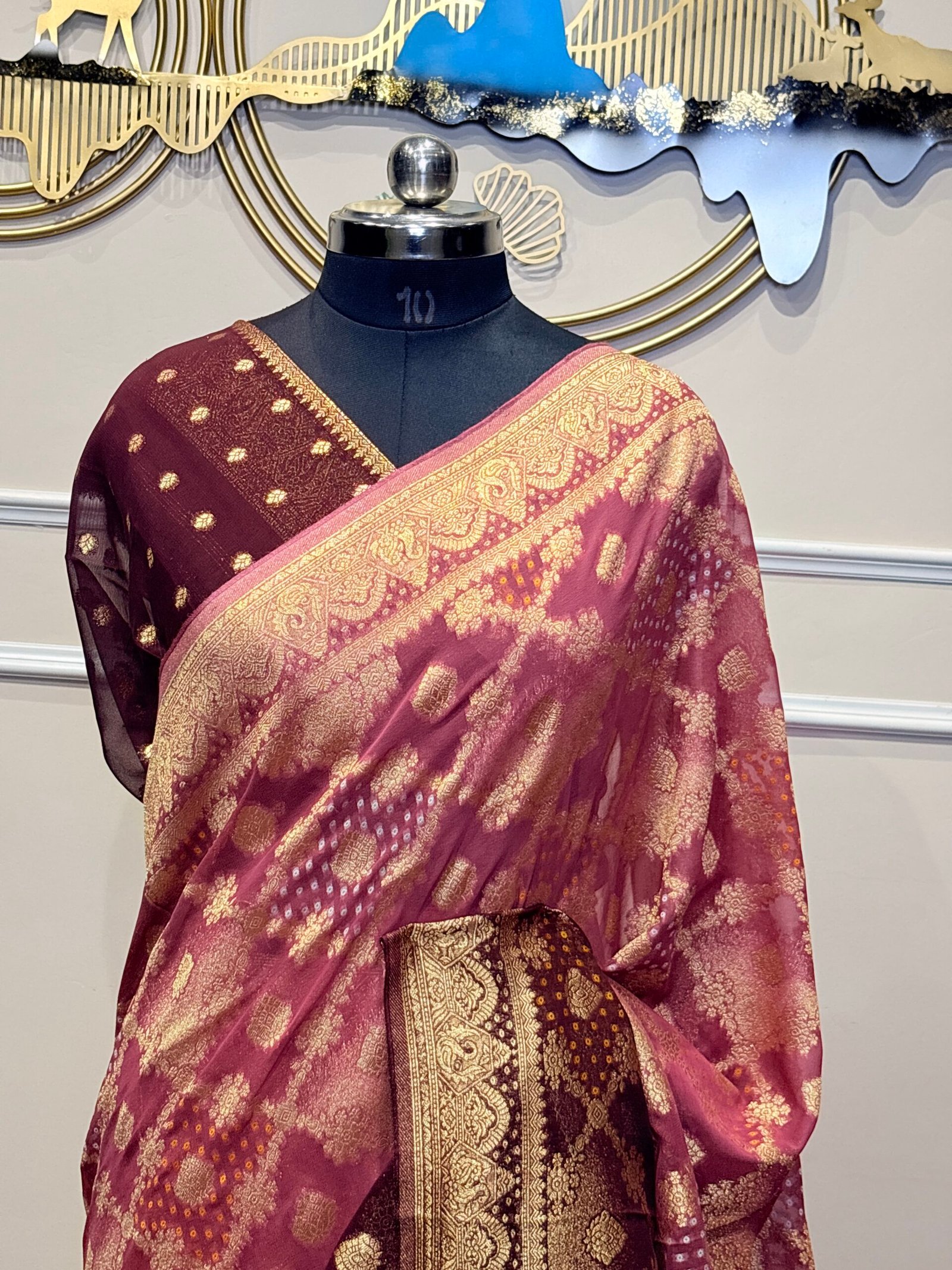 Royal Wine Khaddi Georgette Bandhej Banarasi Saree with Gold Zari Weaving - Image 5