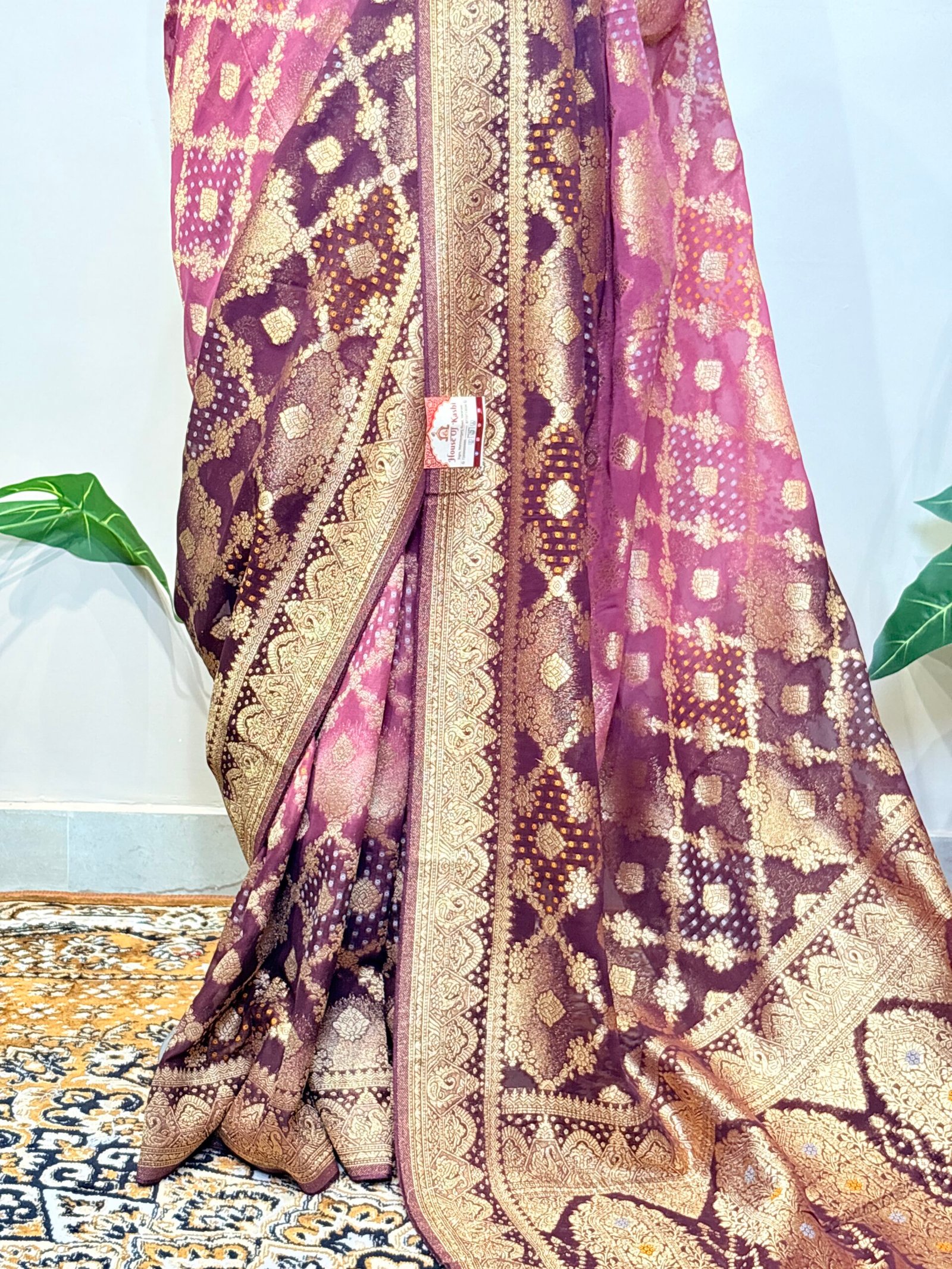 Royal Wine Khaddi Georgette Bandhej Banarasi Saree with Gold Zari Weaving - Image 6