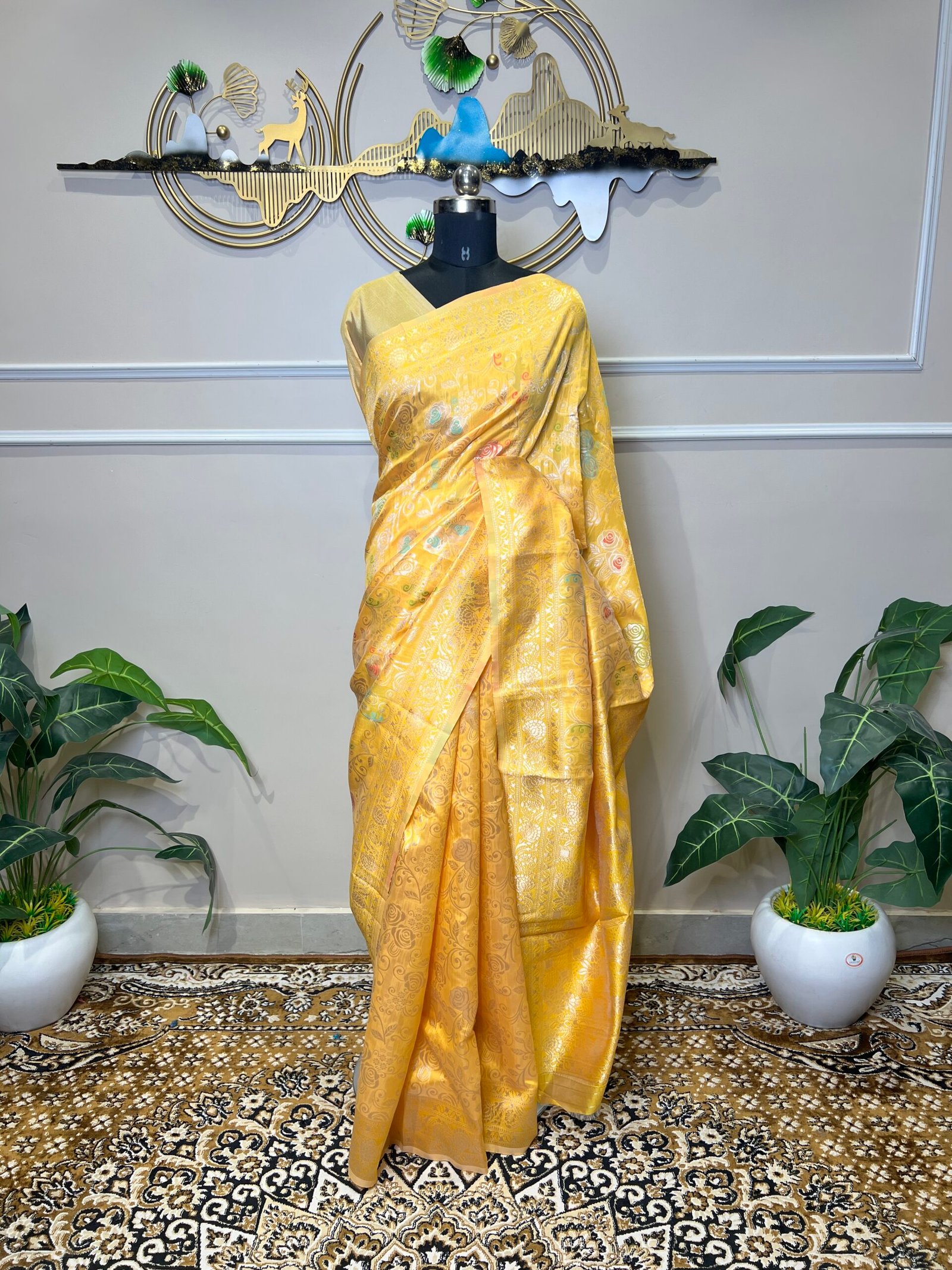 Yellow Banarasi Saree with Multicolor Floral Zari Weaving & Rich Woven Border - Image 7