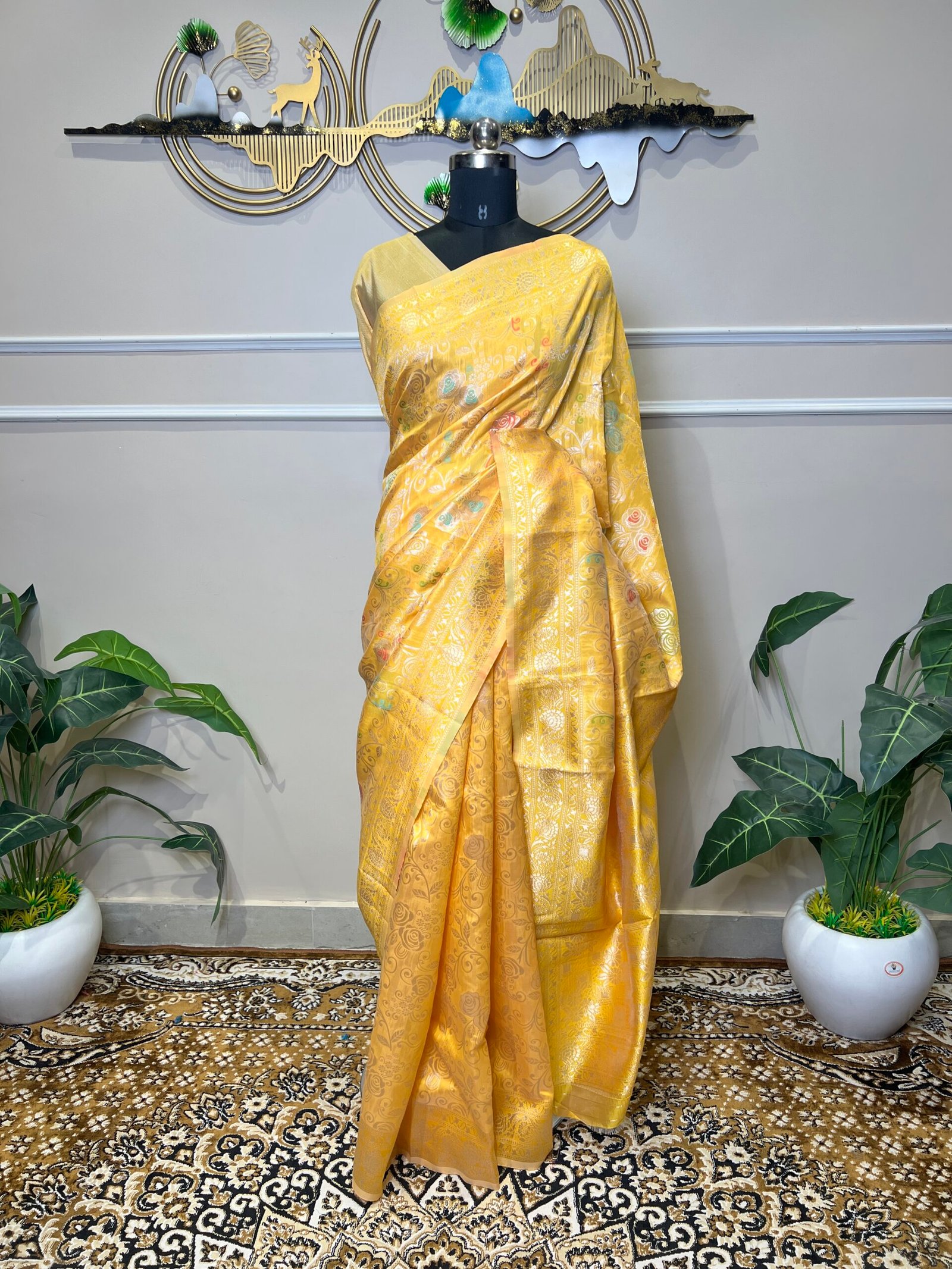 Yellow Banarasi Saree with Multicolor Floral Zari Weaving & Rich Woven Border - Image 2
