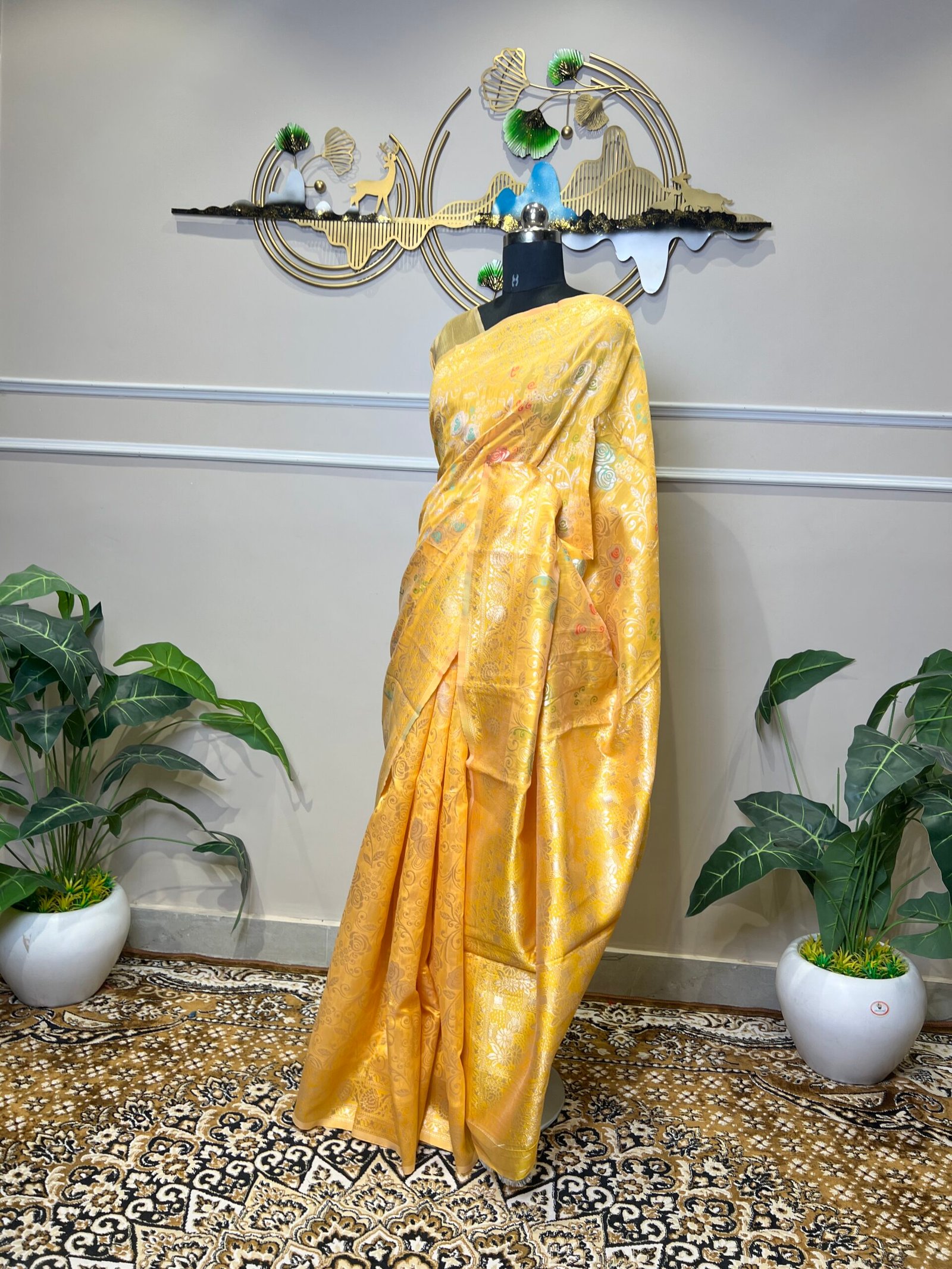 Yellow Banarasi Saree with Multicolor Floral Zari Weaving & Rich Woven Border - Image 5