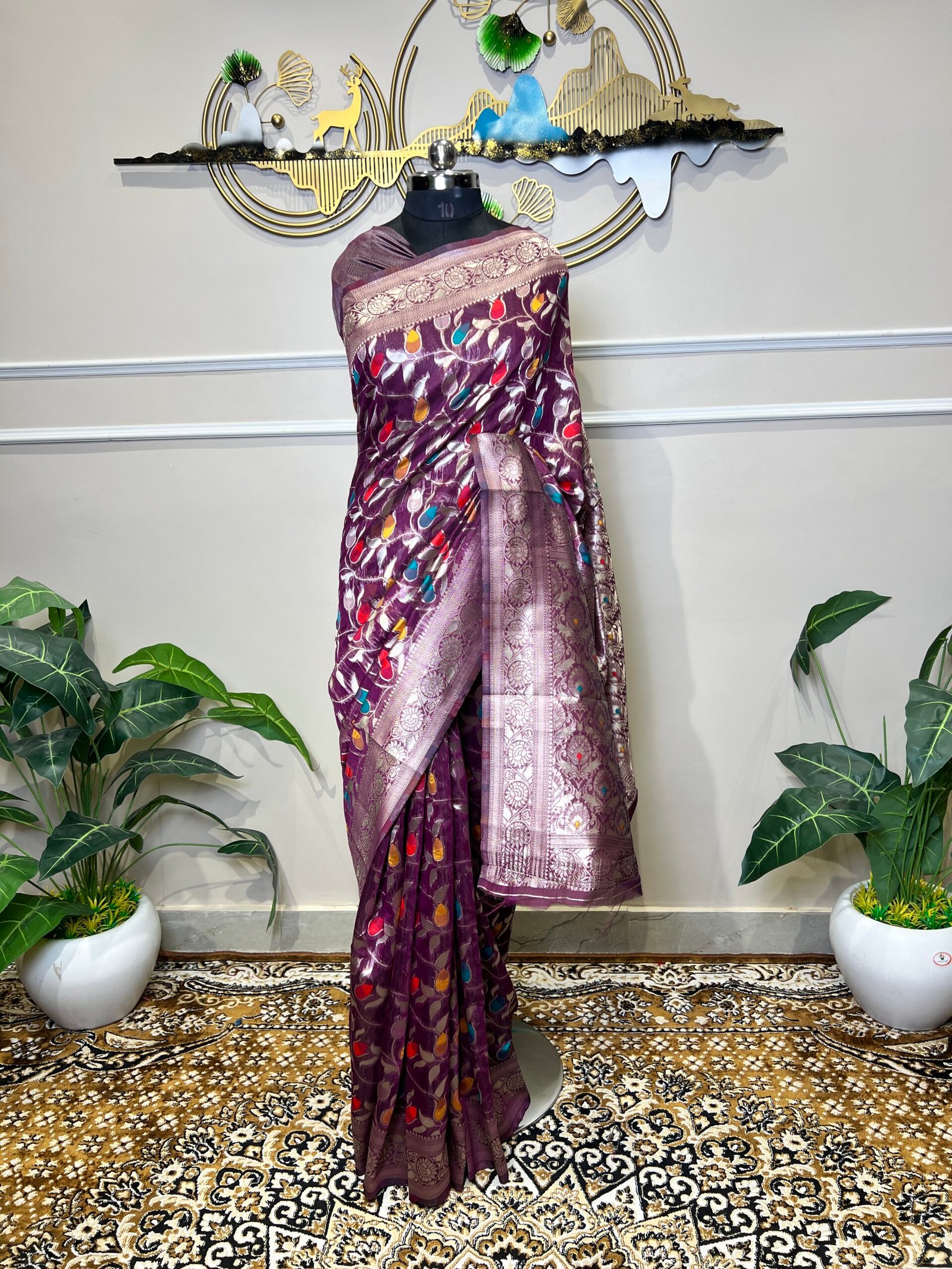 Royal Purple Banarasi Saree with Multicolor Floral Weaving & Rich Zari Border - Image 2