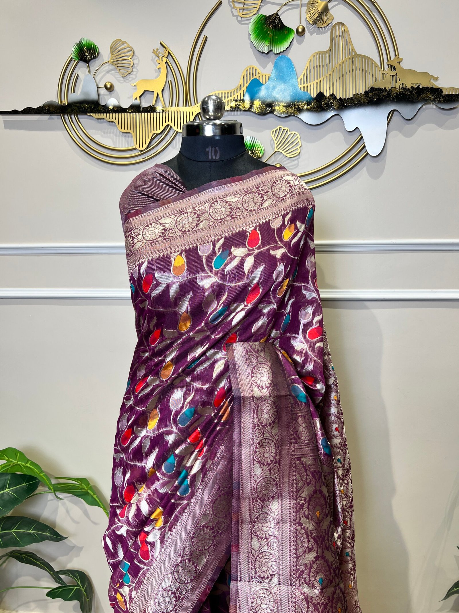 Royal Purple Banarasi Saree with Multicolor Floral Weaving & Rich Zari Border - Image 4