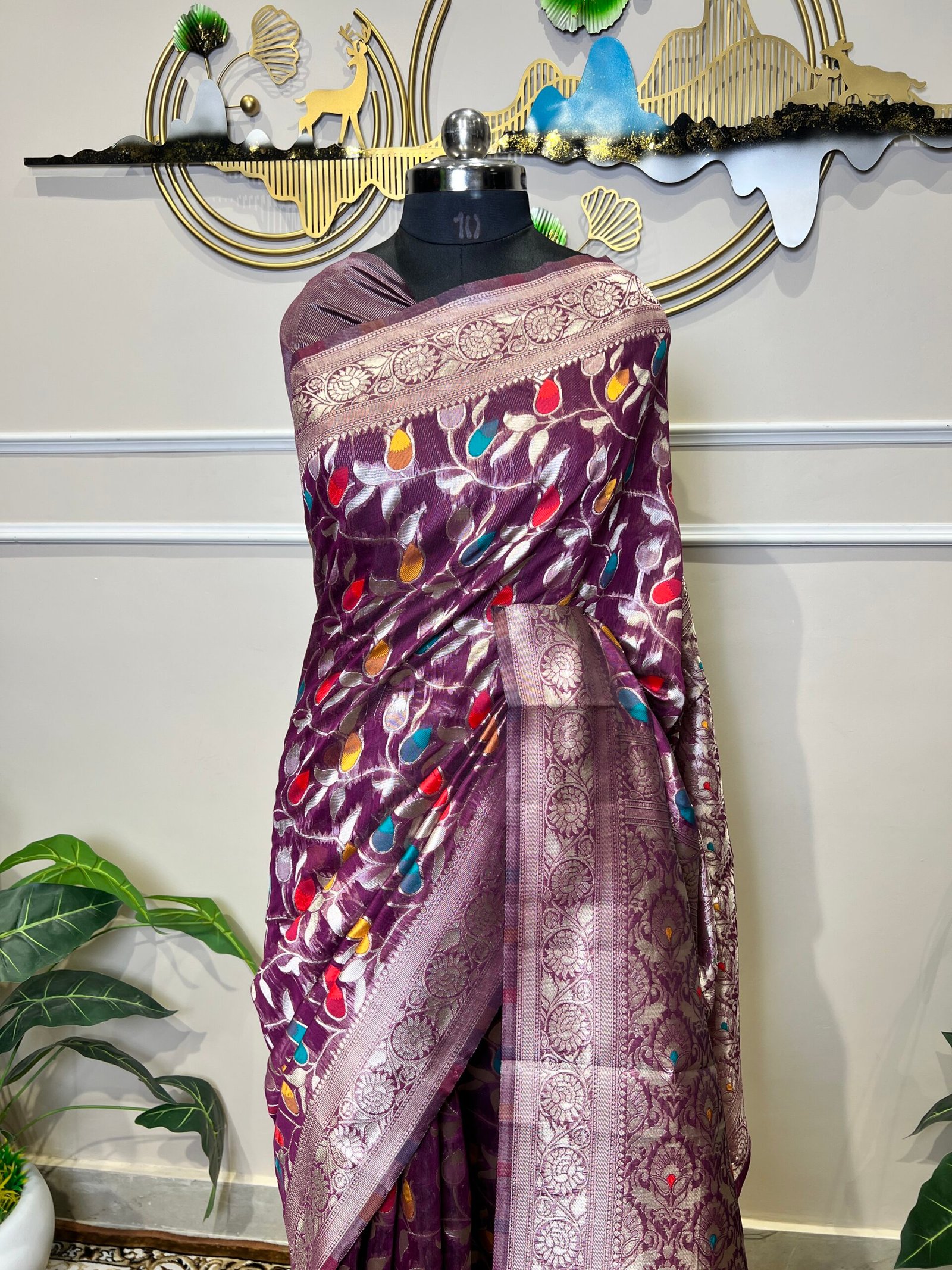 Royal Purple Banarasi Saree with Multicolor Floral Weaving & Rich Zari Border - Image 5