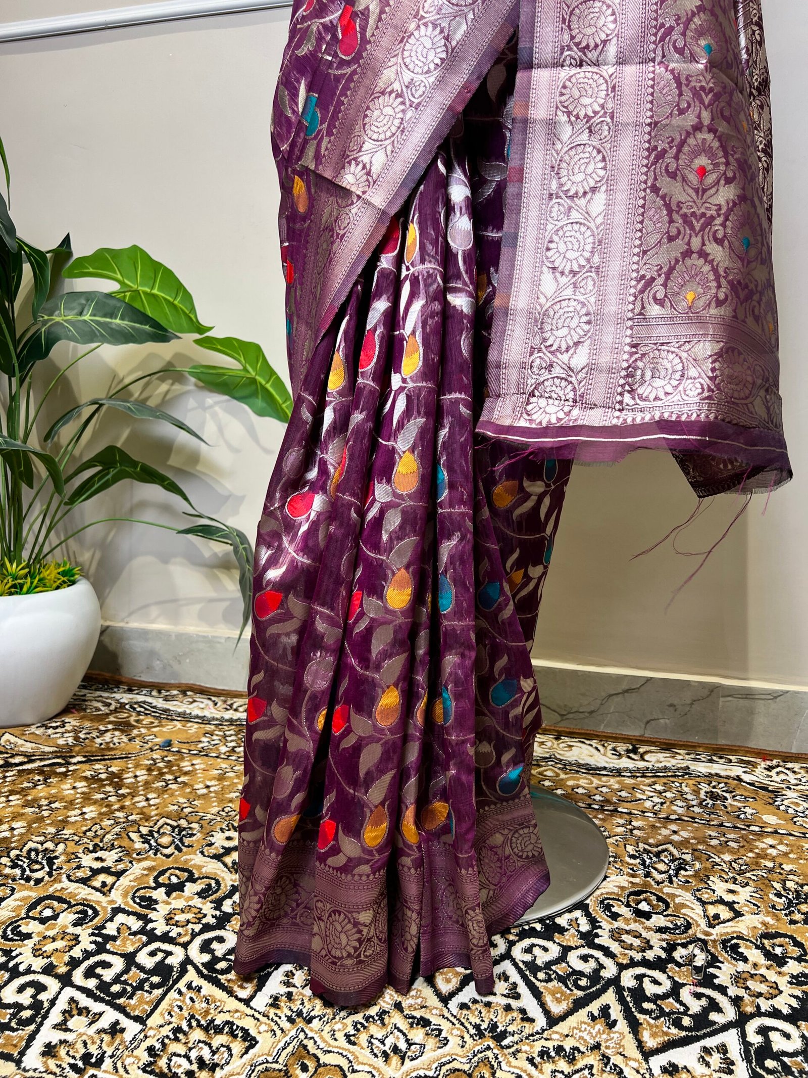 Royal Purple Banarasi Saree with Multicolor Floral Weaving & Rich Zari Border - Image 3
