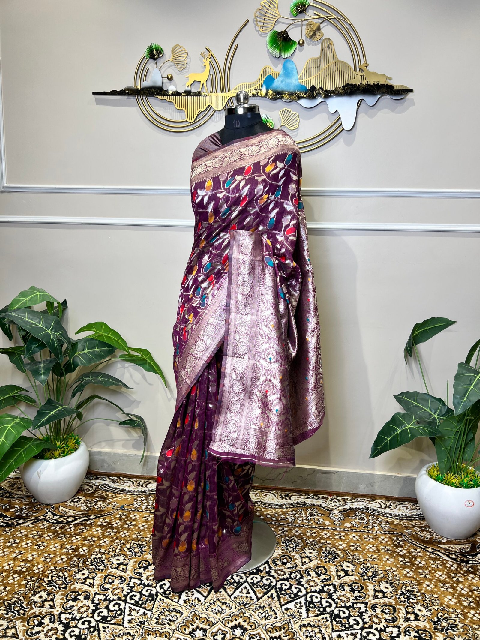 Royal Purple Banarasi Saree with Multicolor Floral Weaving & Rich Zari Border - Image 6