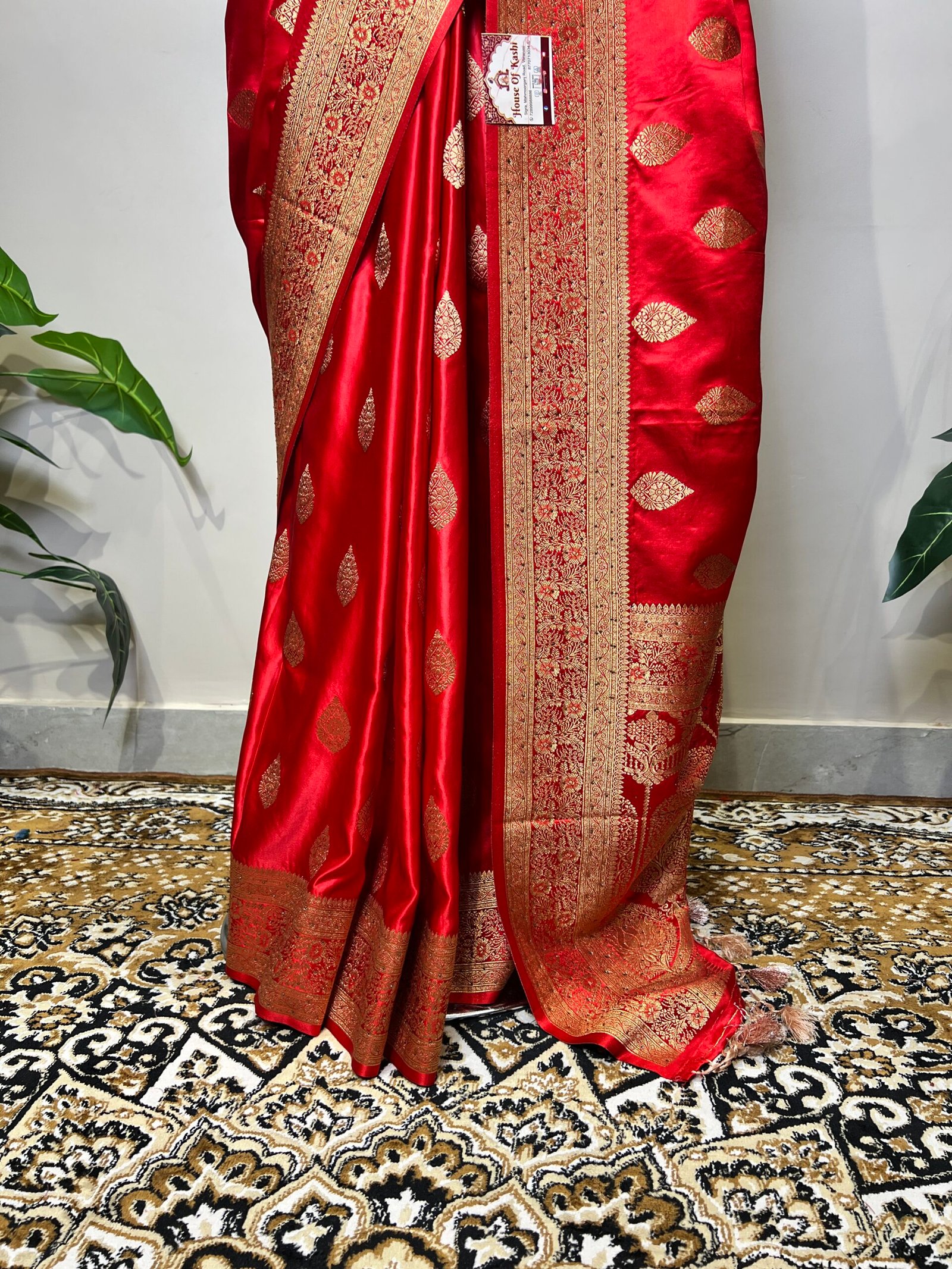 Classic Red Siroski Mushroo Banarasi Saree with Golden Zari Buta & Rich Woven Border - Image 4