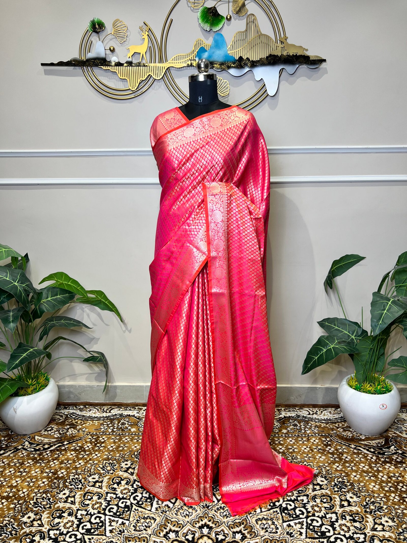 Rani Pink Banarasi Silk Saree with All-Over Gold Zari Buti & Rich Floral Border - Image 2