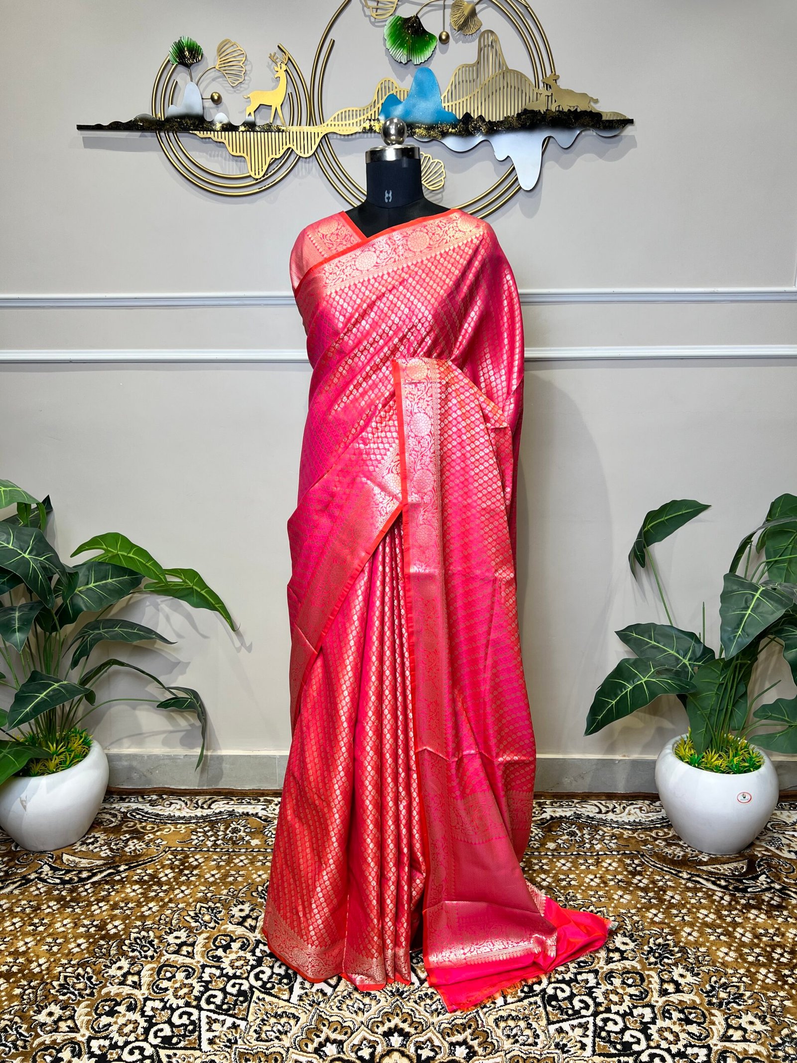 Rani Pink Banarasi Silk Saree with All-Over Gold Zari Buti & Rich Floral Border - Image 3