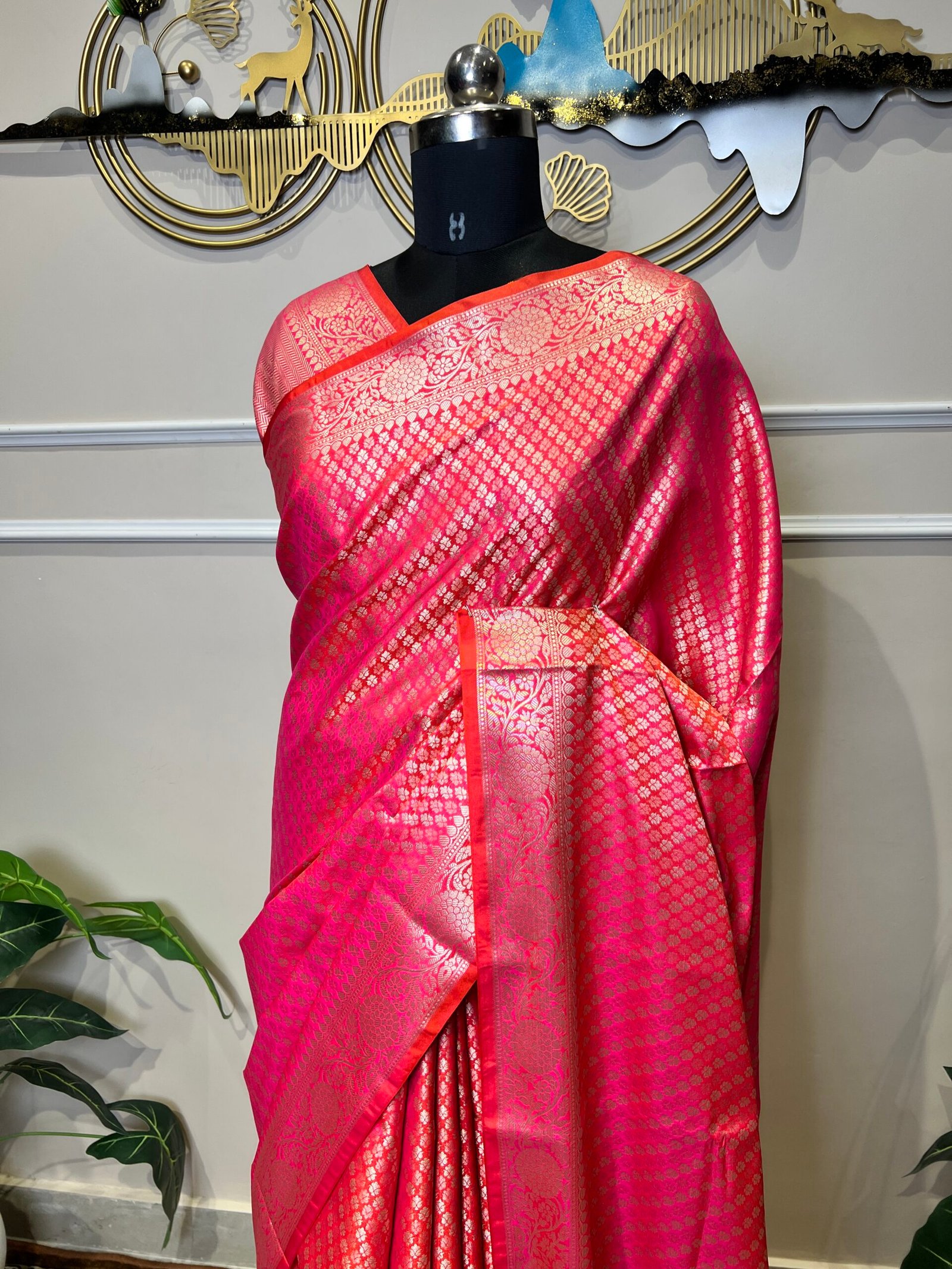 Rani Pink Banarasi Silk Saree with All-Over Gold Zari Buti & Rich Floral Border - Image 4