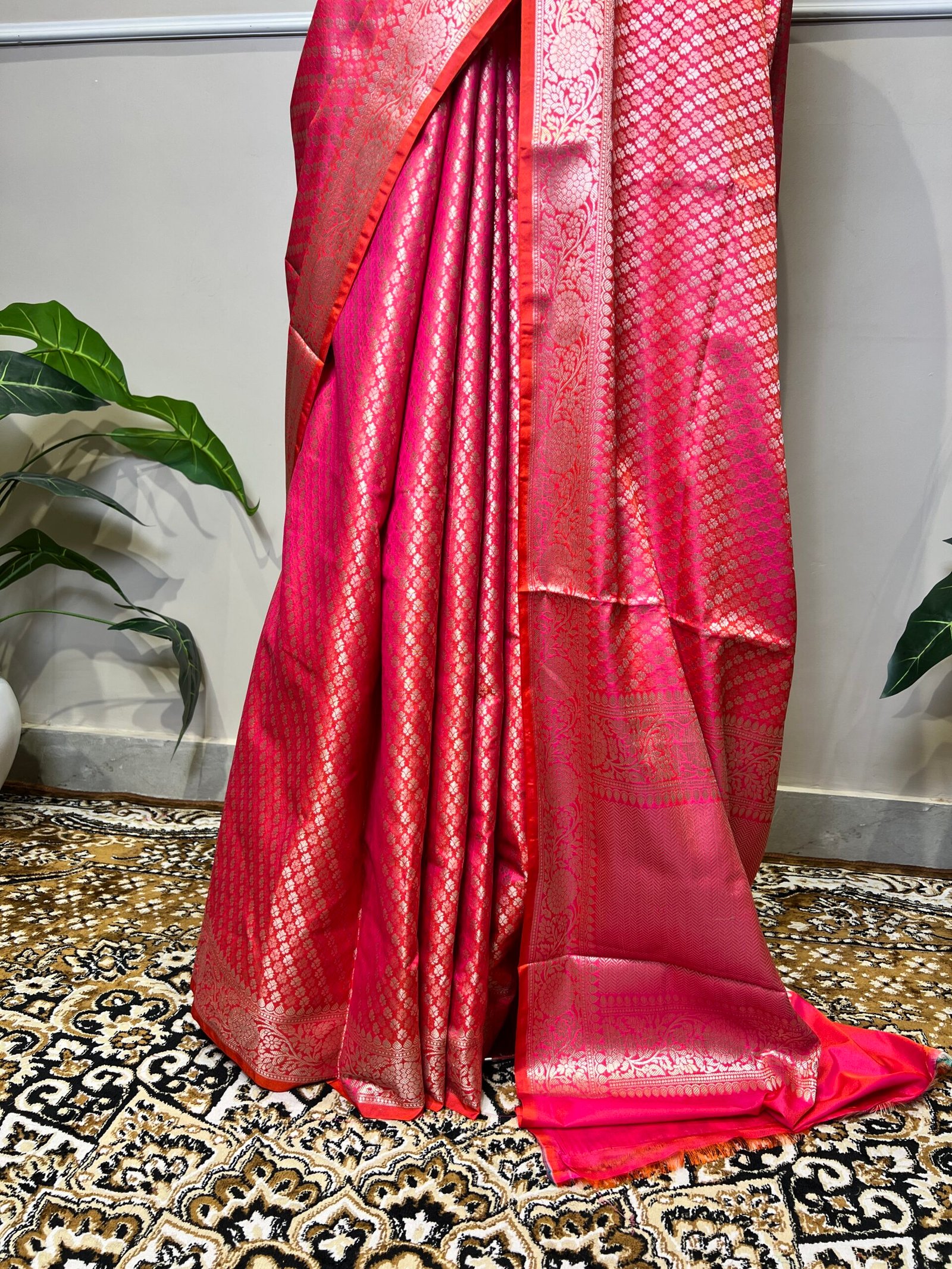 Rani Pink Banarasi Silk Saree with All-Over Gold Zari Buti & Rich Floral Border - Image 5