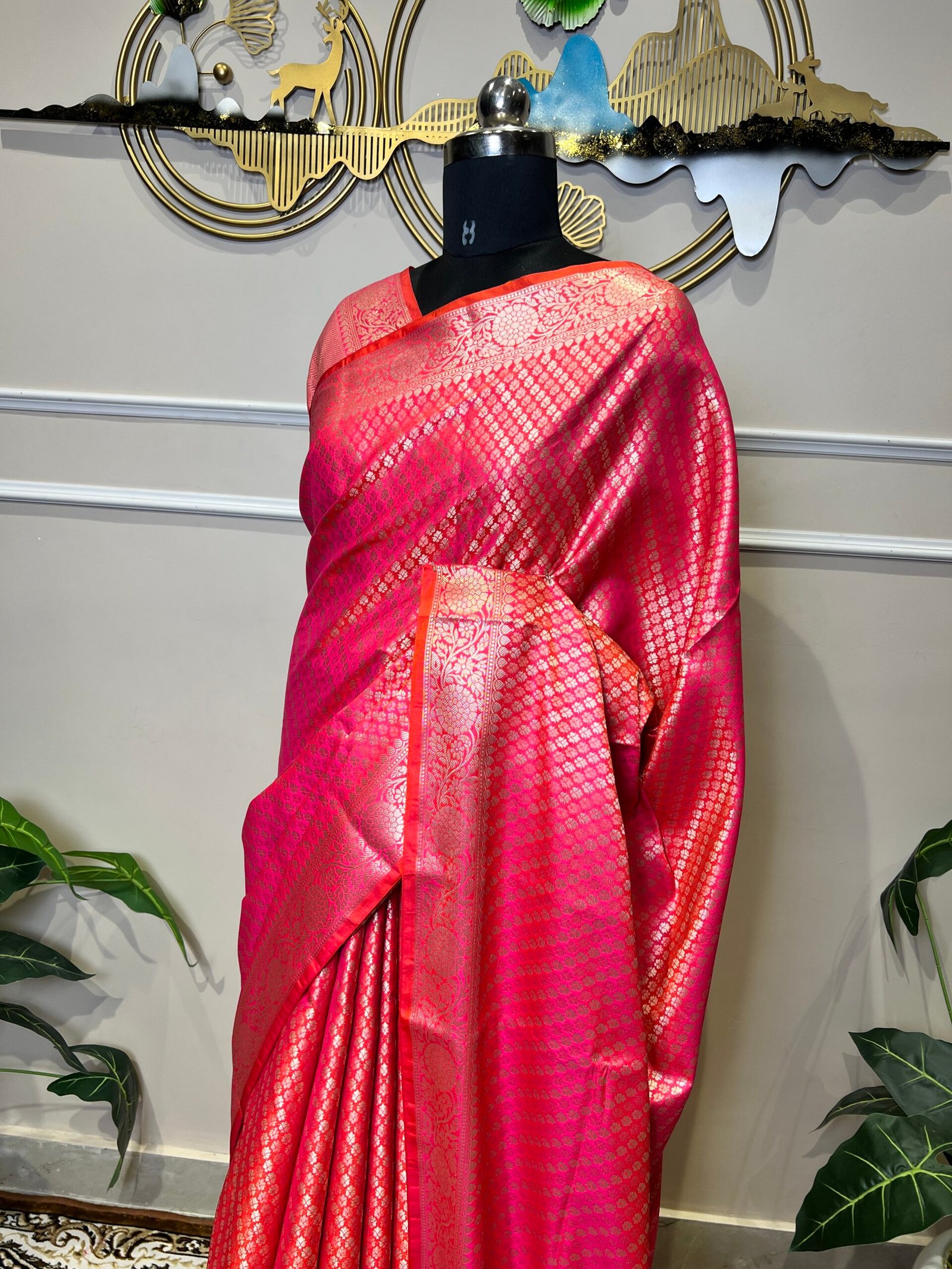 Rani Pink Banarasi Silk Saree with All-Over Gold Zari Buti & Rich Floral Border - Image 6
