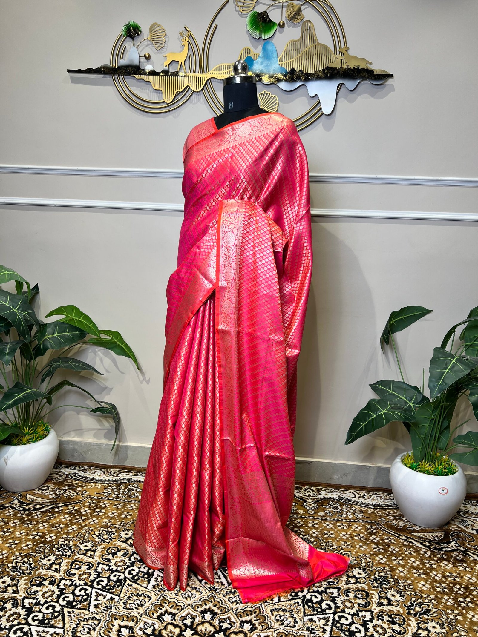 Rani Pink Banarasi Silk Saree with All-Over Gold Zari Buti & Rich Floral Border - Image 7