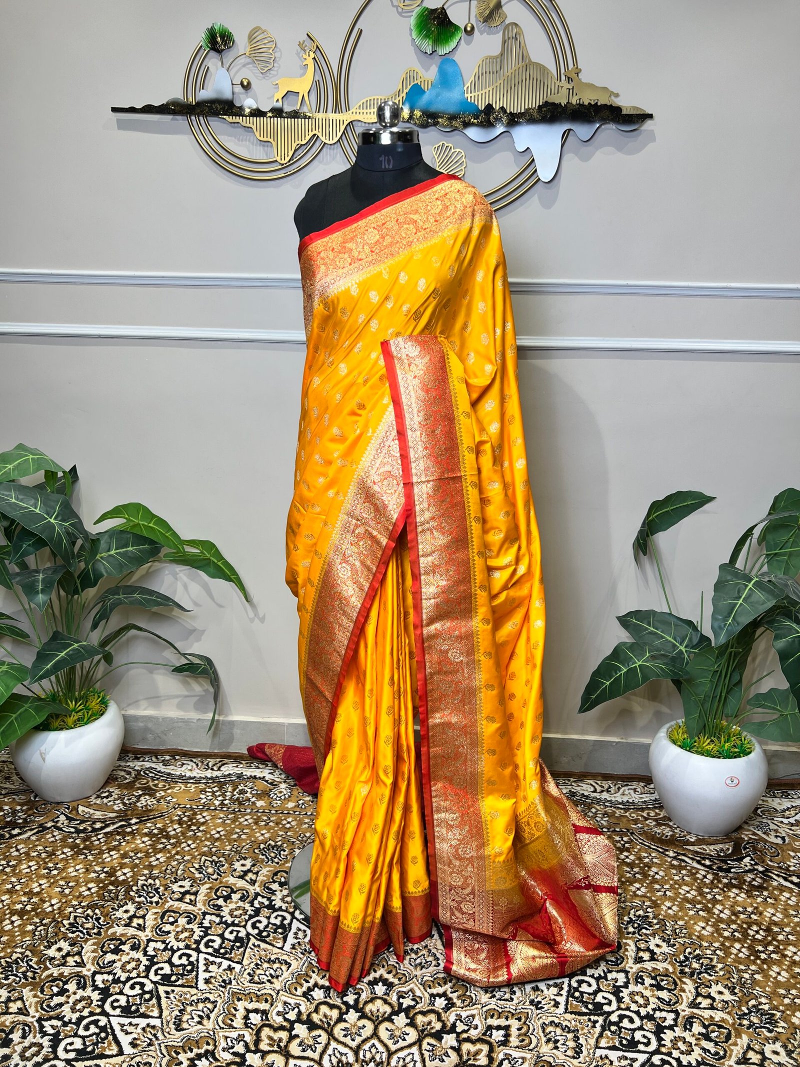 Mustard Yellow Banarasi Silk Saree with Gold Zari Buti & Rich Red Border - Image 2