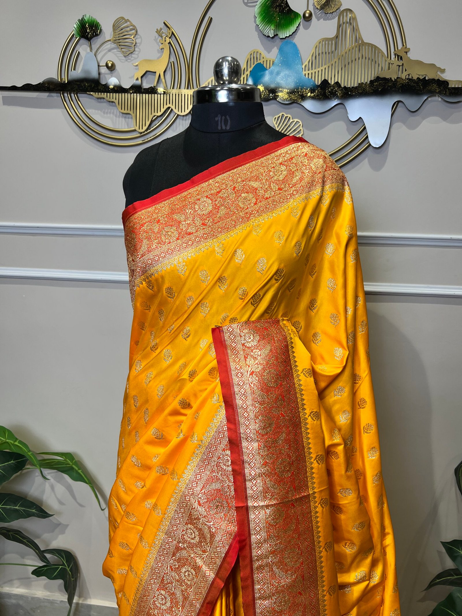 Mustard Yellow Banarasi Silk Saree with Gold Zari Buti & Rich Red Border - Image 3