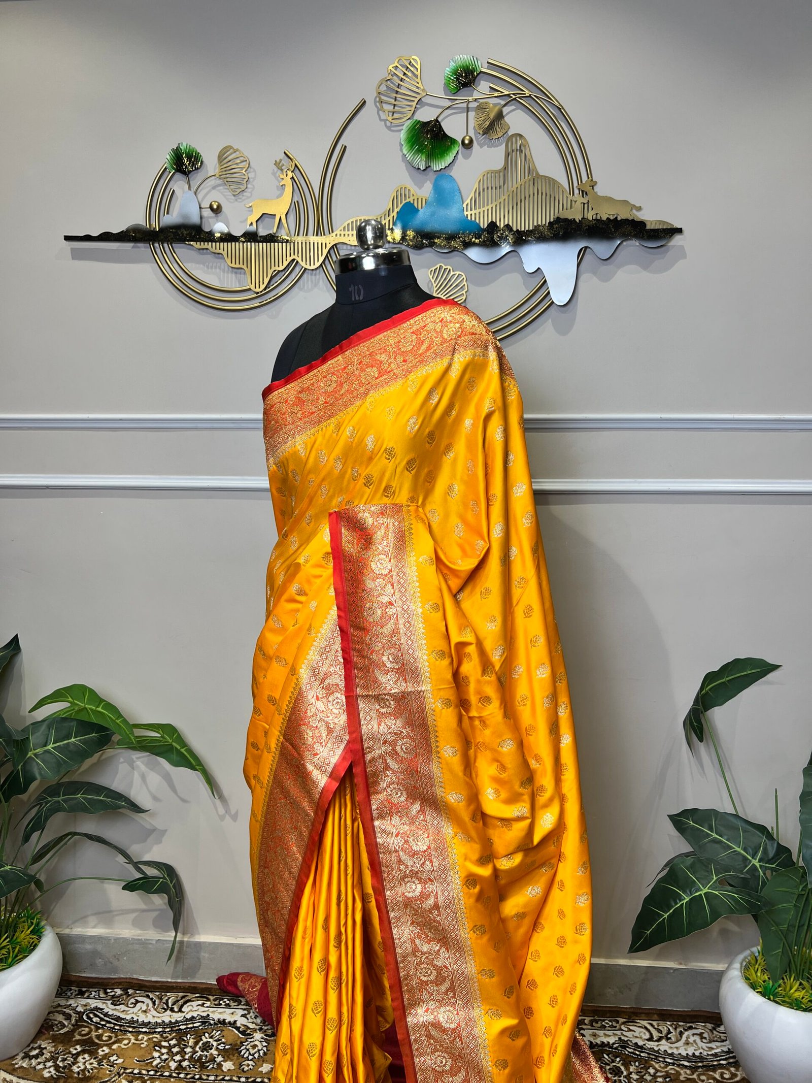 Mustard Yellow Banarasi Silk Saree with Gold Zari Buti & Rich Red Border - Image 6