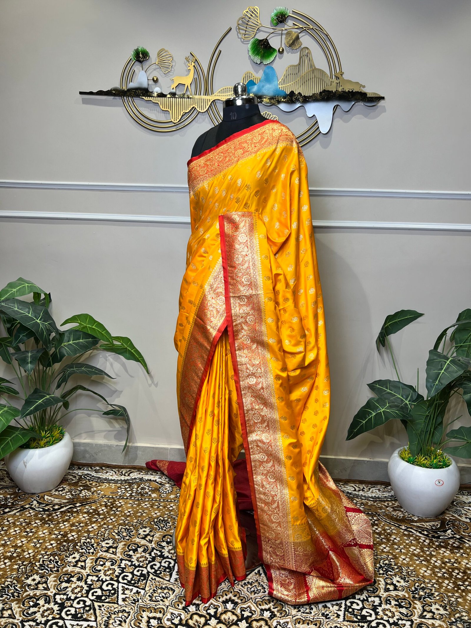 Mustard Yellow Banarasi Silk Saree with Gold Zari Buti & Rich Red Border - Image 7