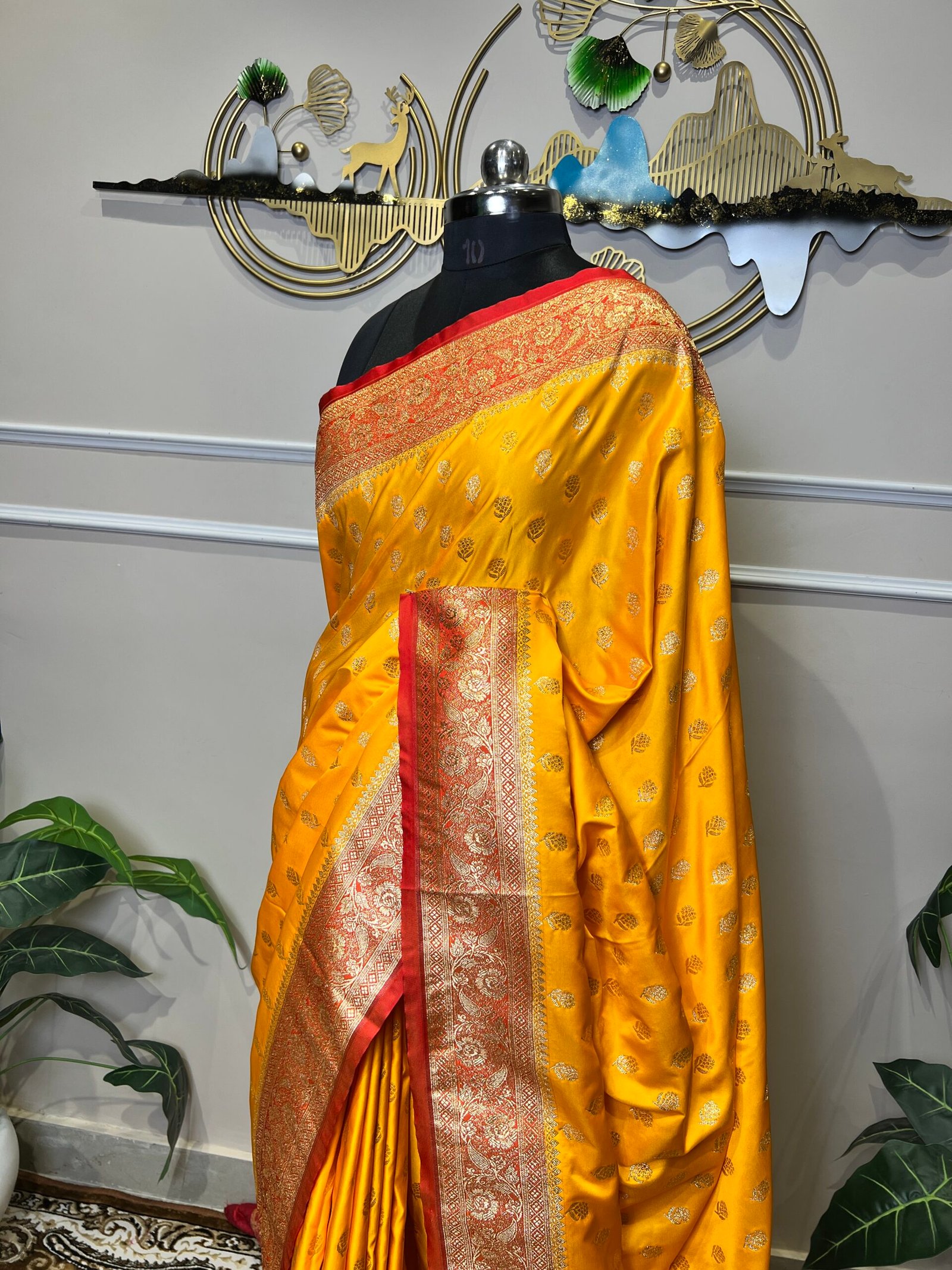 Mustard Yellow Banarasi Silk Saree with Gold Zari Buti & Rich Red Border - Image 5
