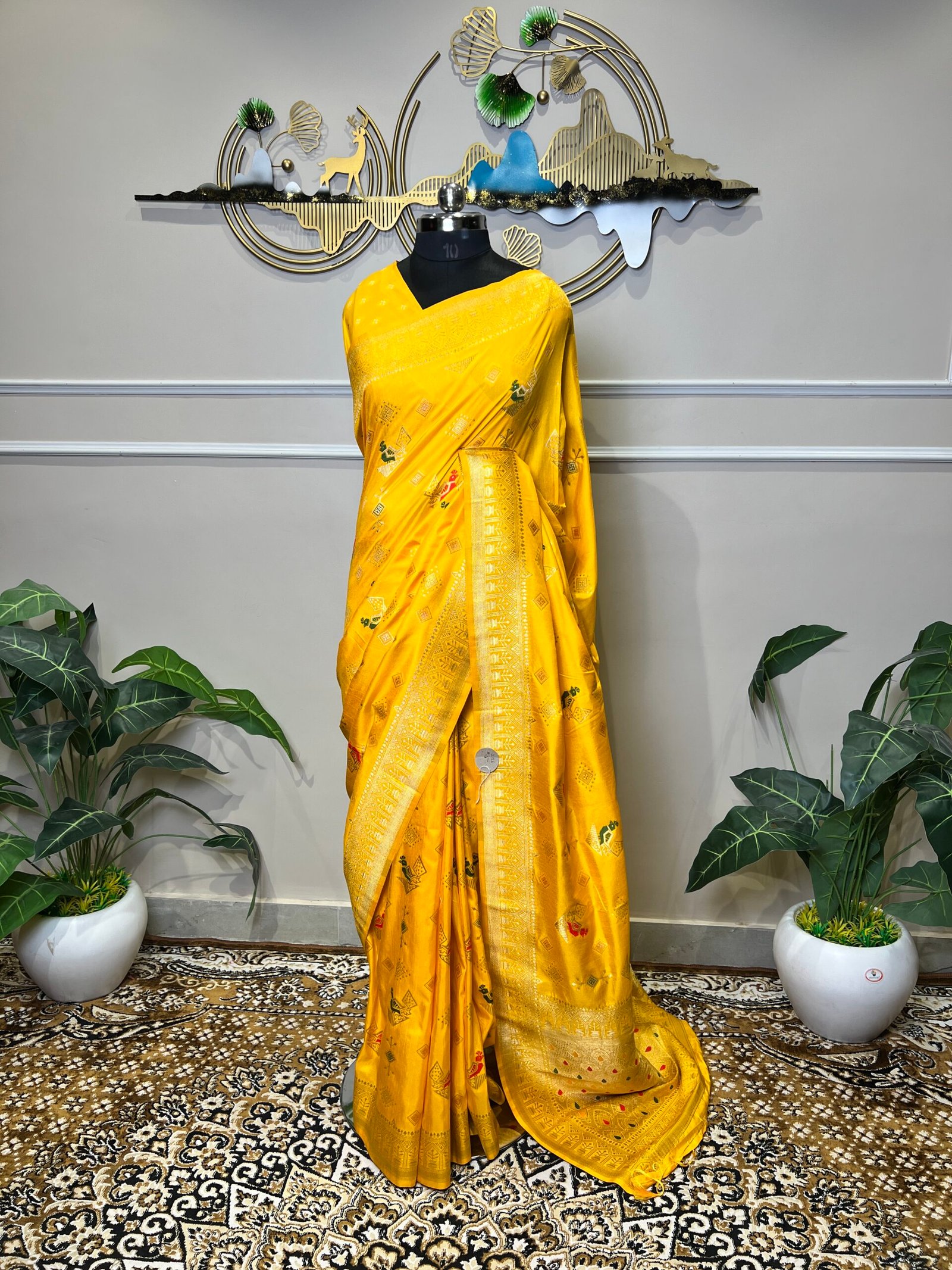 Sunshine Yellow Banarasi Silk Saree with Multicolour Meenakari & Rich Zari Border - Image 2