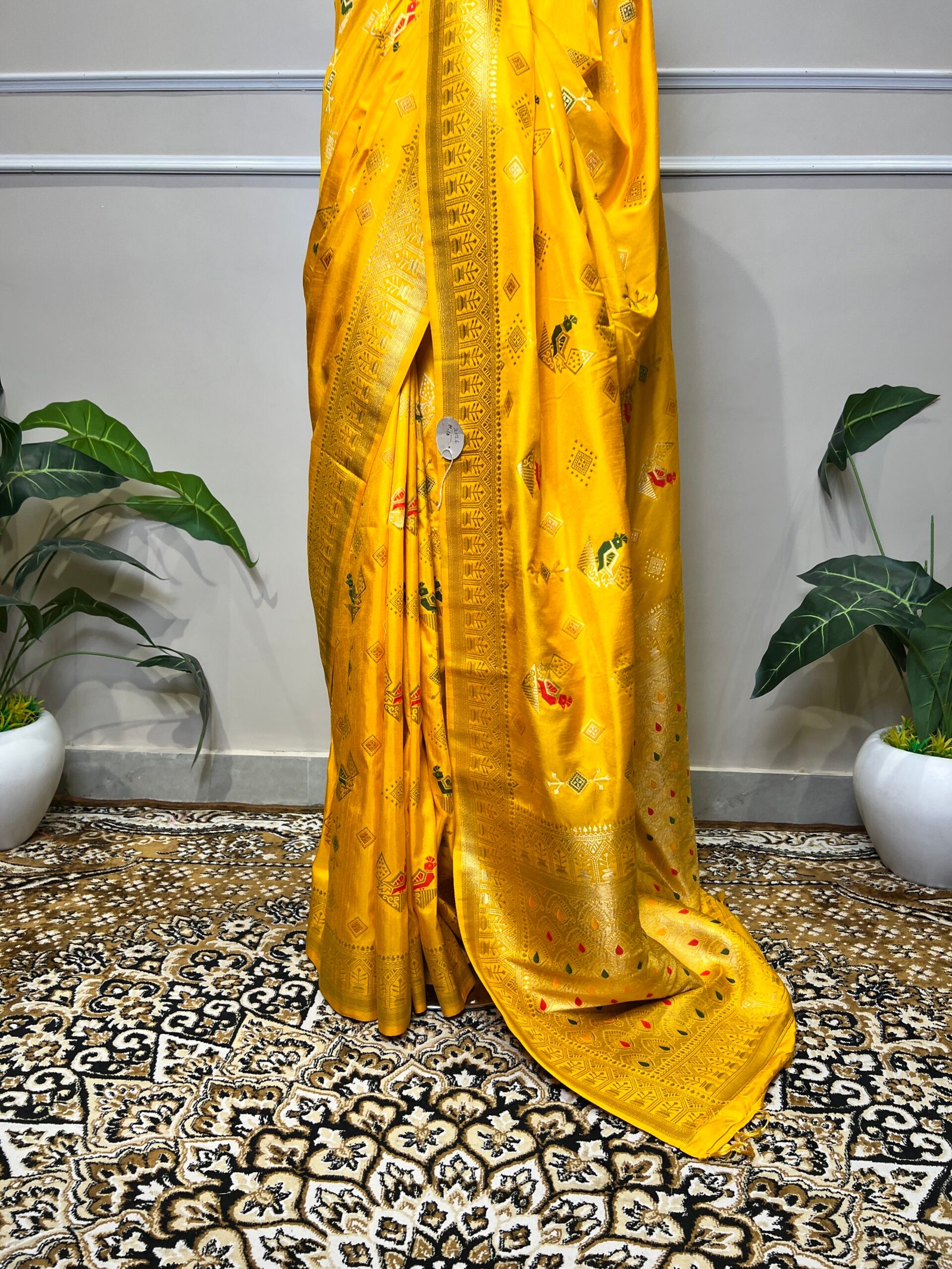 Sunshine Yellow Banarasi Silk Saree with Multicolour Meenakari & Rich Zari Border - Image 4