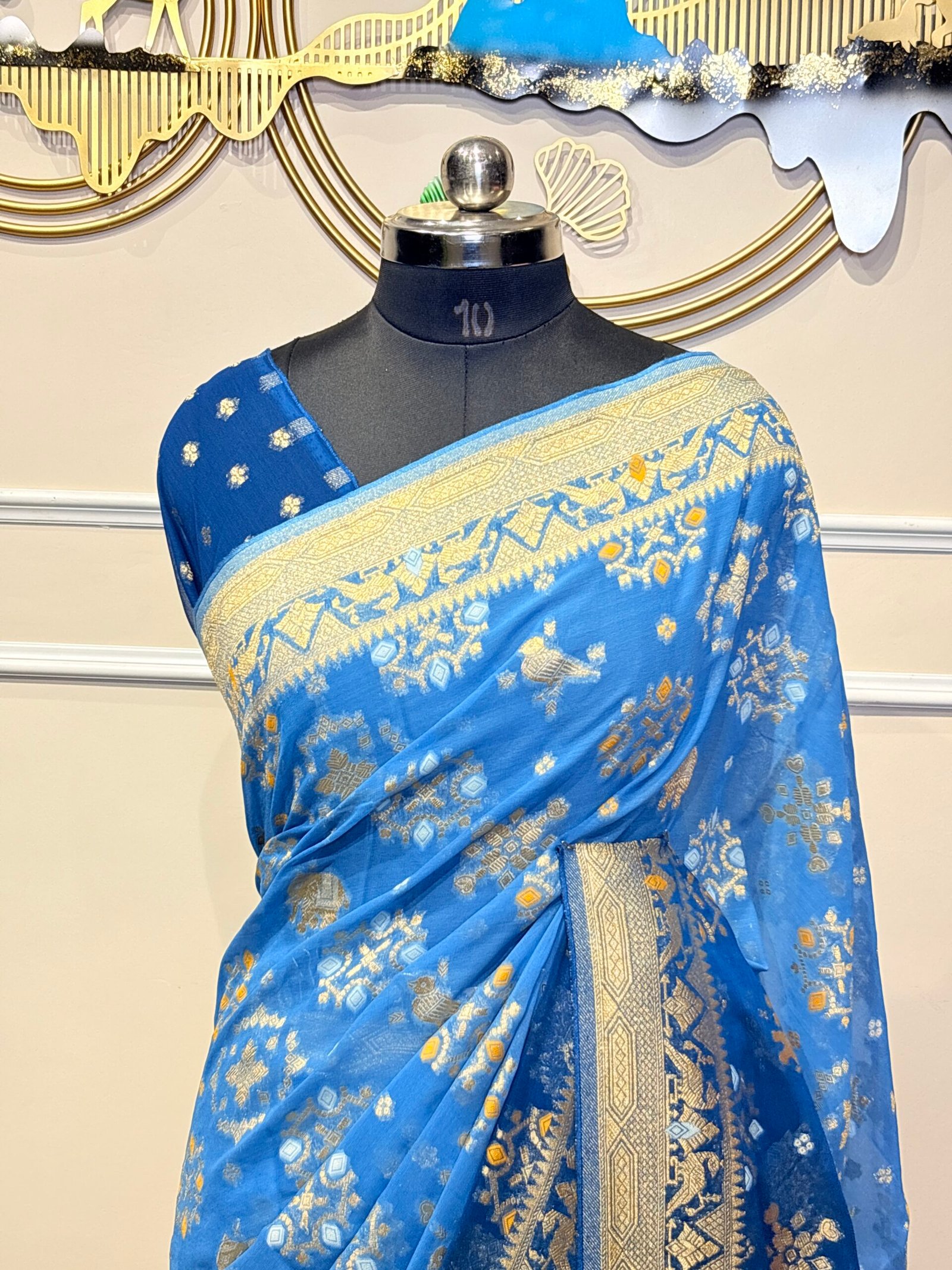 Royal Blue Khaddi Georgette Bandhej Banarasi Saree with Silver Zari Weaving - Image 5