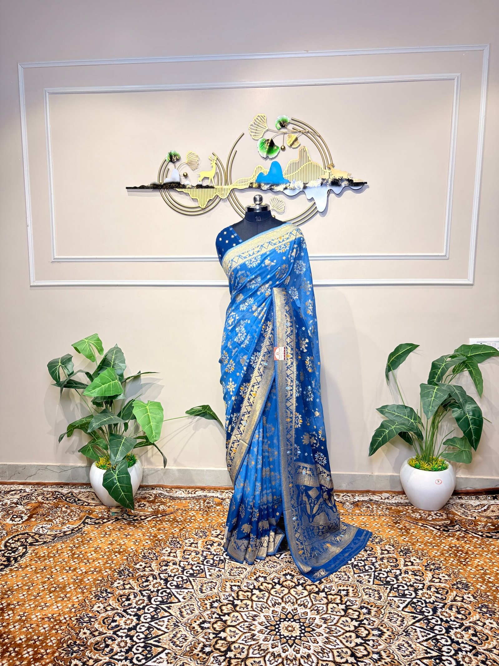 Royal Blue Khaddi Georgette Bandhej Banarasi Saree with Silver Zari Weaving - Image 2