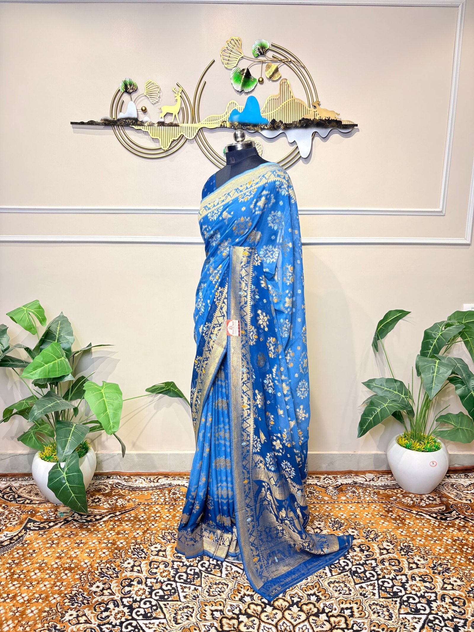 Royal Blue Khaddi Georgette Bandhej Banarasi Saree with Silver Zari Weaving - Image 7