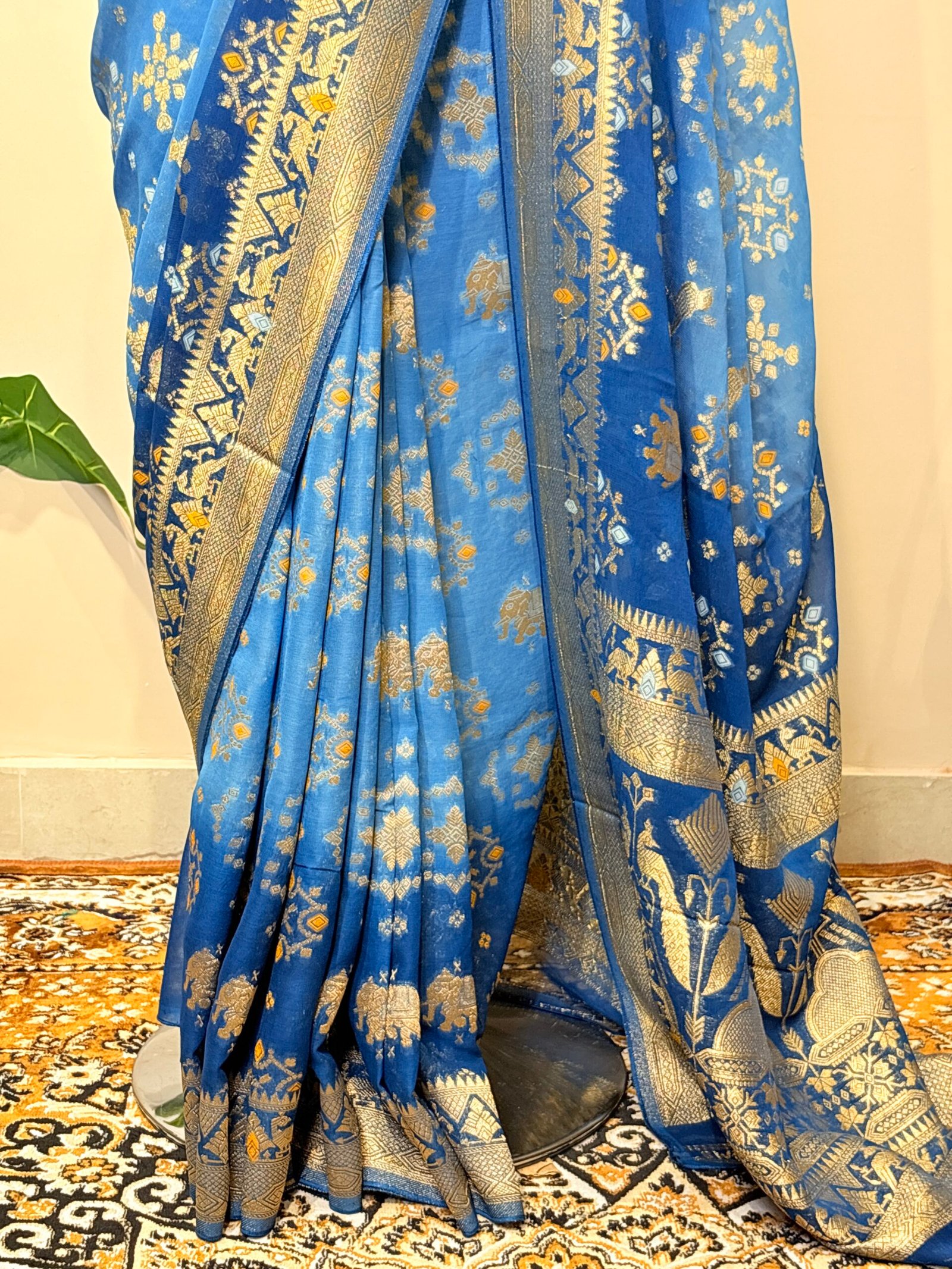 Royal Blue Khaddi Georgette Bandhej Banarasi Saree with Silver Zari Weaving - Image 4