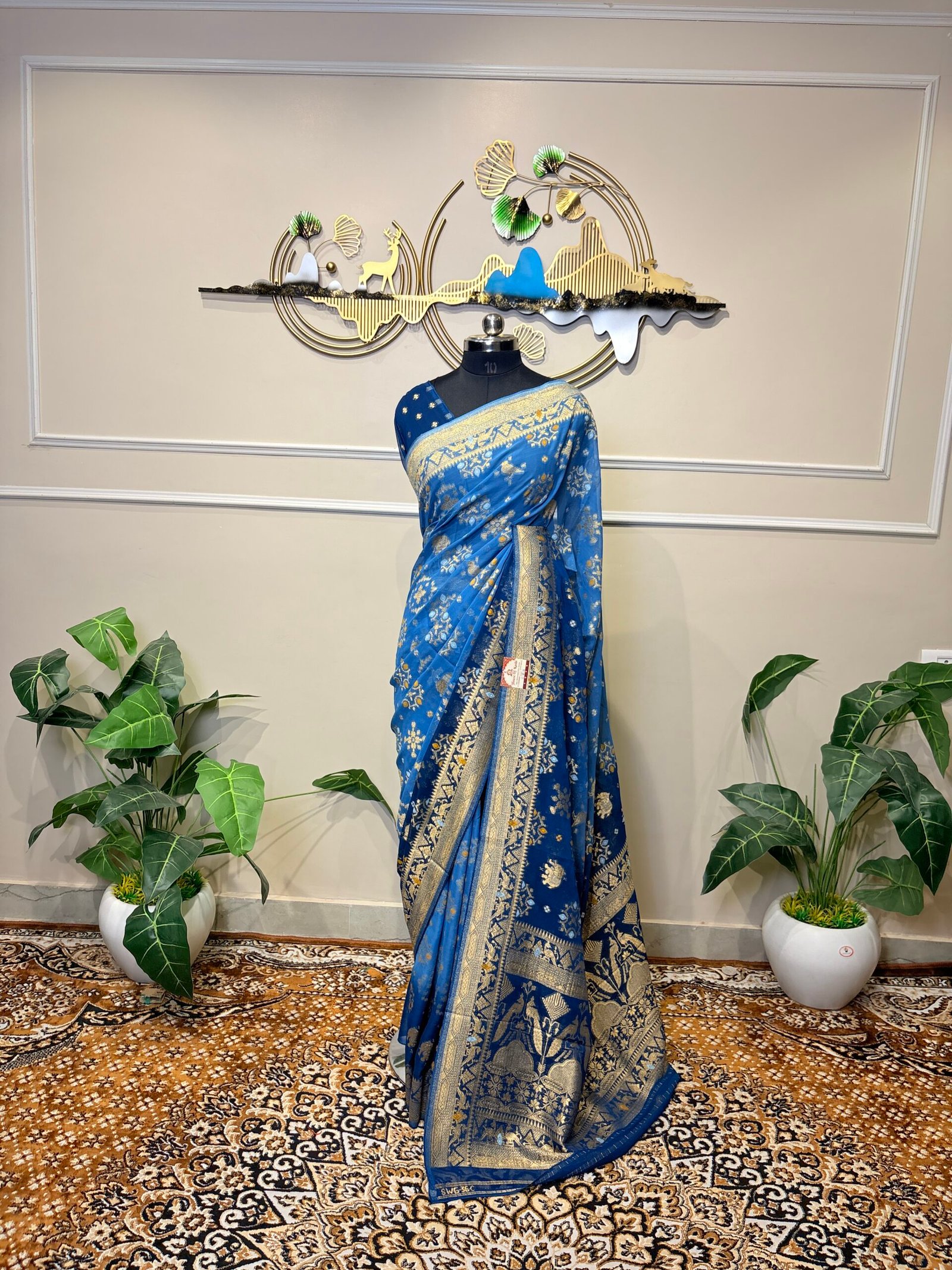 Royal Blue Khaddi Georgette Bandhej Banarasi Saree with Silver Zari Weaving - Image 3
