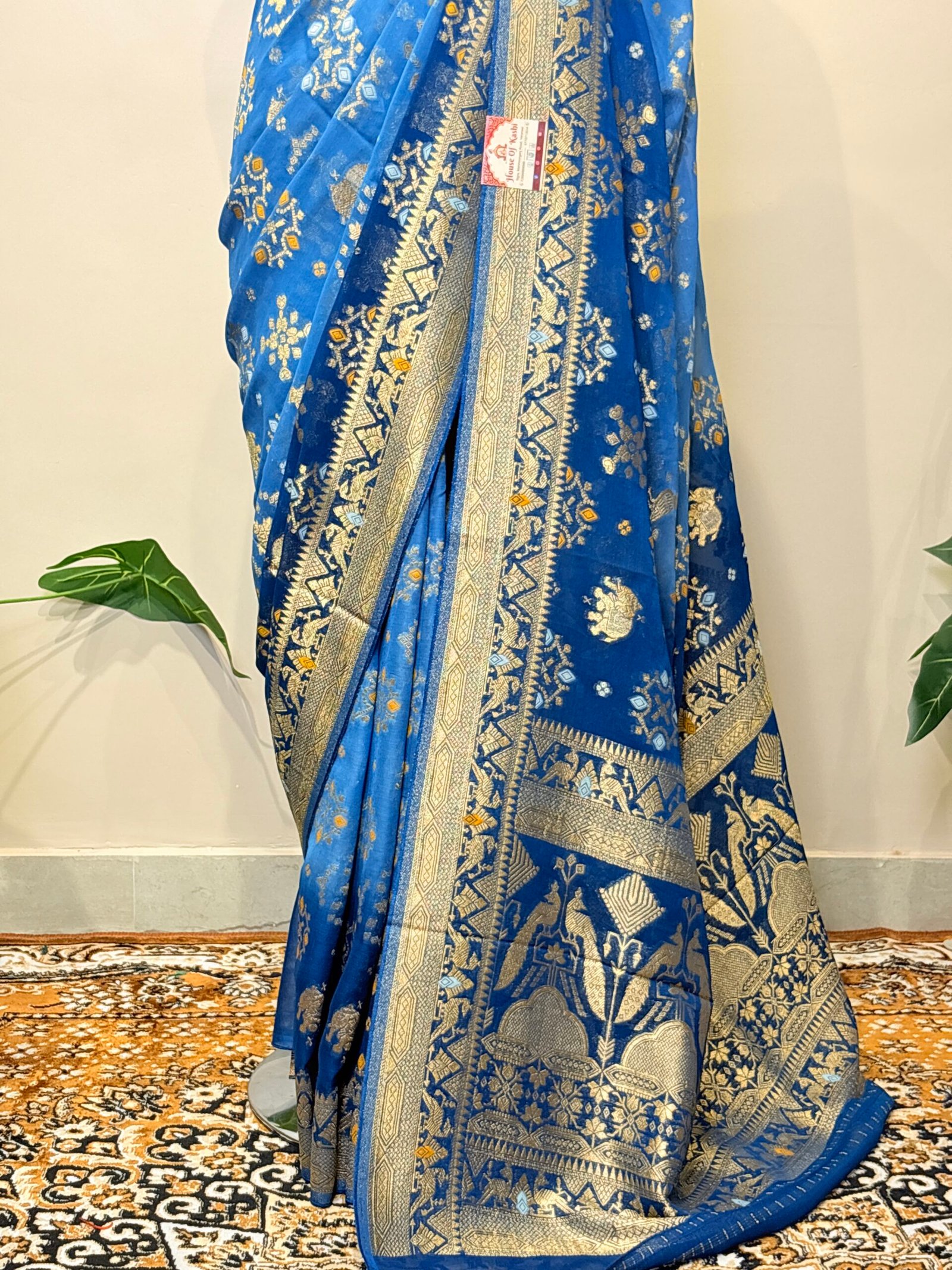 Royal Blue Khaddi Georgette Bandhej Banarasi Saree with Silver Zari Weaving - Image 6