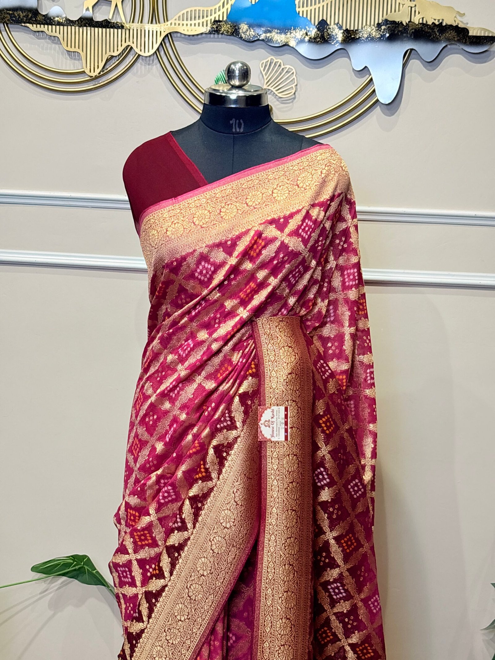Wine Purple Khaddi Georgette Bandhej Banarasi Saree - Image 5