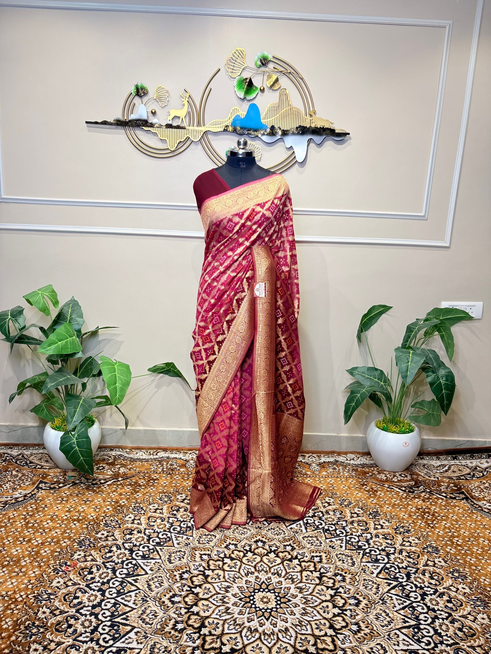 Wine Purple Khaddi Georgette Bandhej Banarasi Saree - Image 2