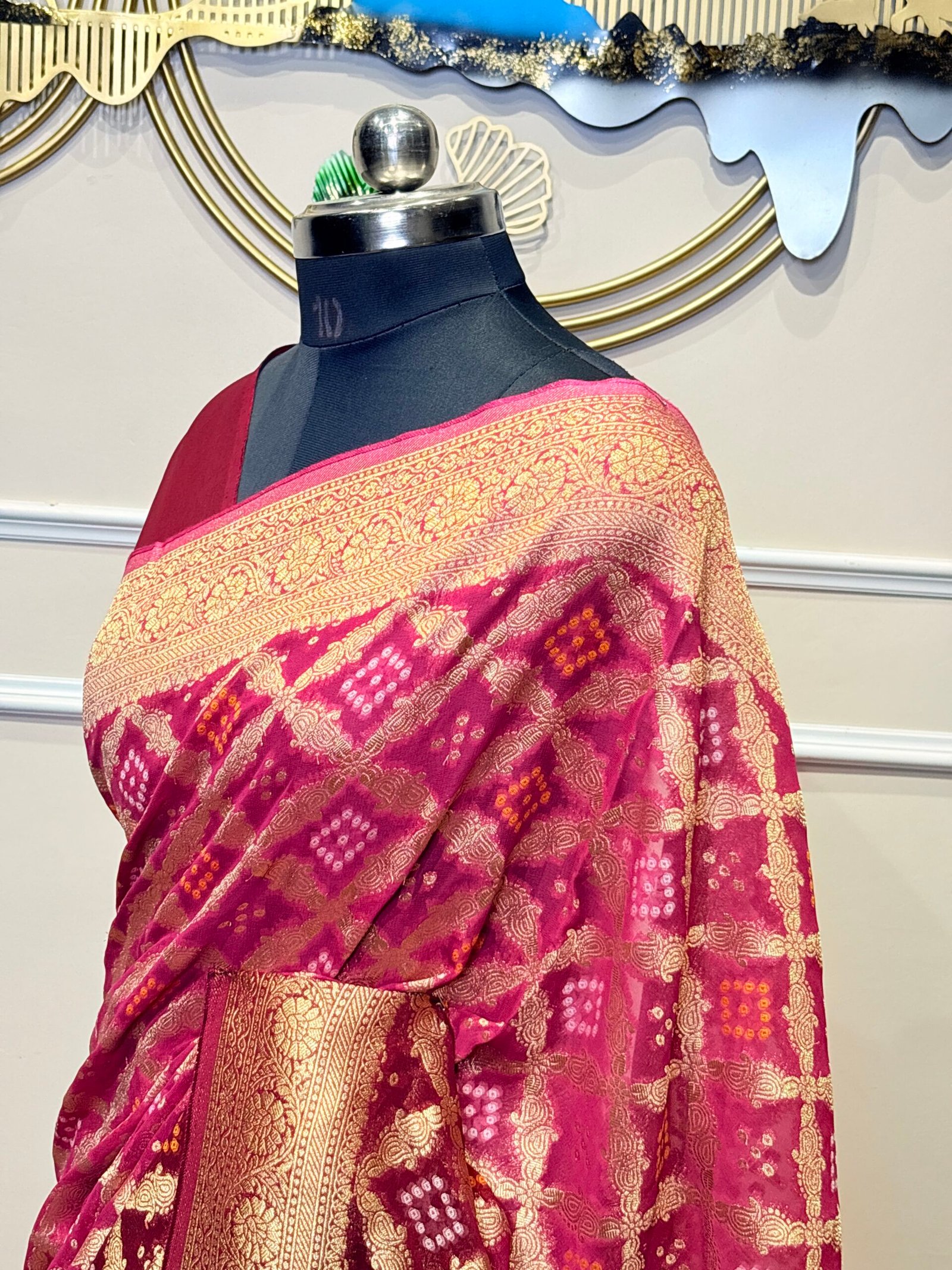 Wine Purple Khaddi Georgette Bandhej Banarasi Saree - Image 4