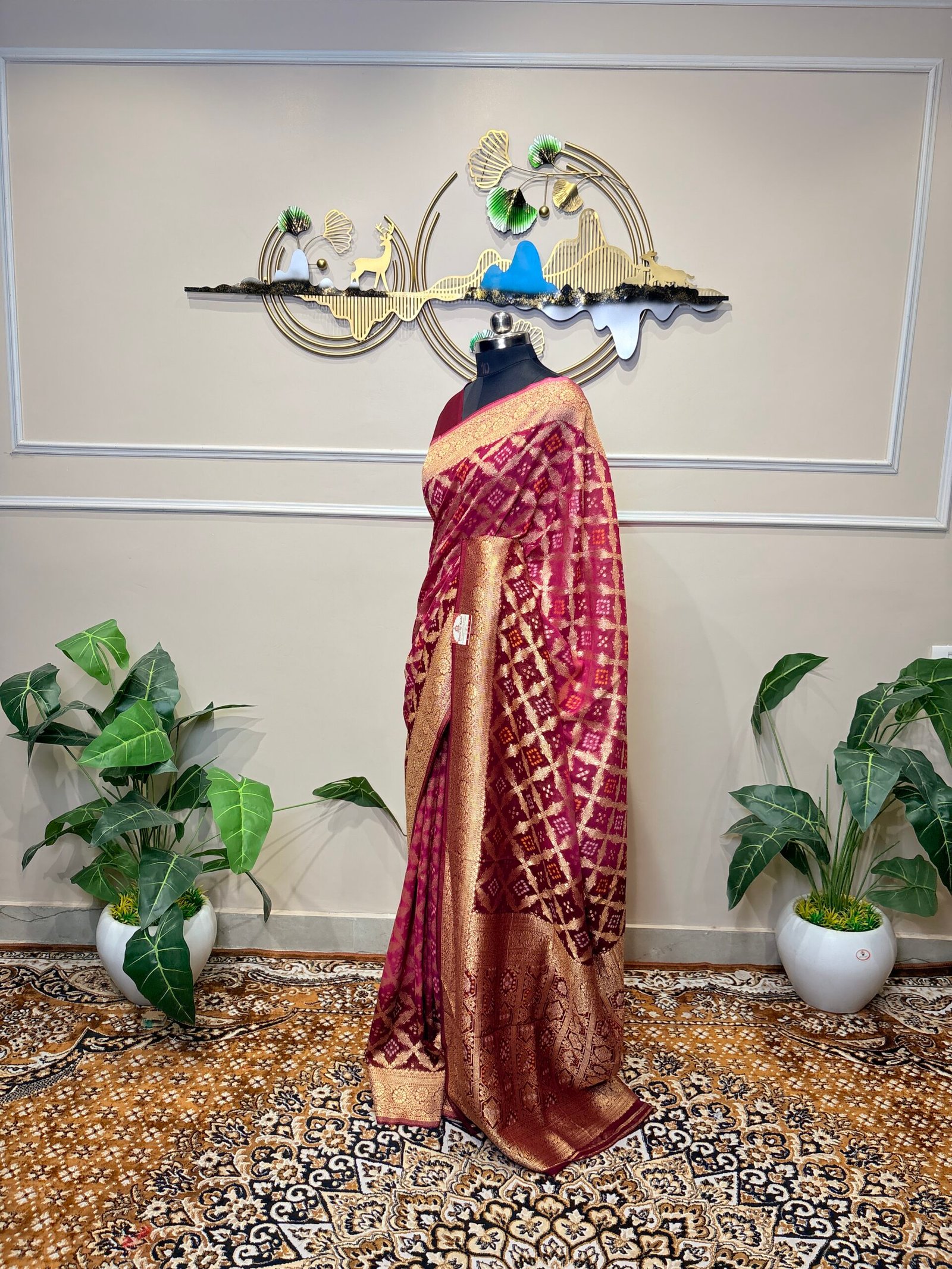 Wine Purple Khaddi Georgette Bandhej Banarasi Saree - Image 3