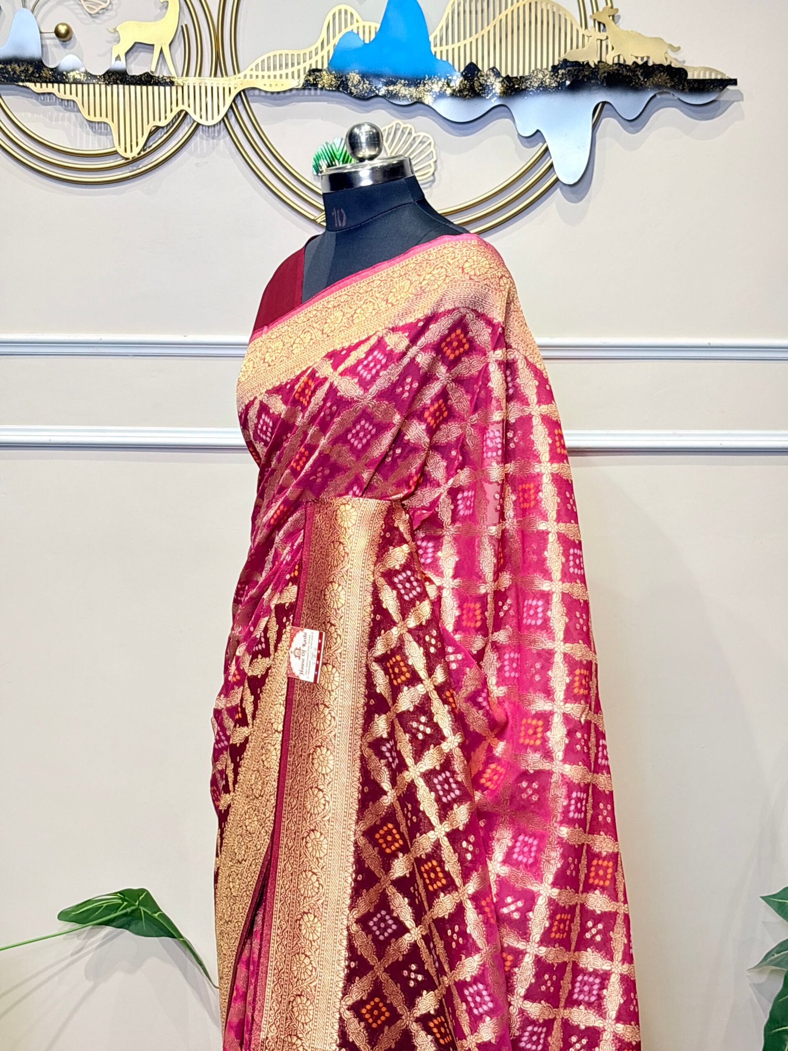 Wine Purple Khaddi Georgette Bandhej Banarasi Saree - Image 6