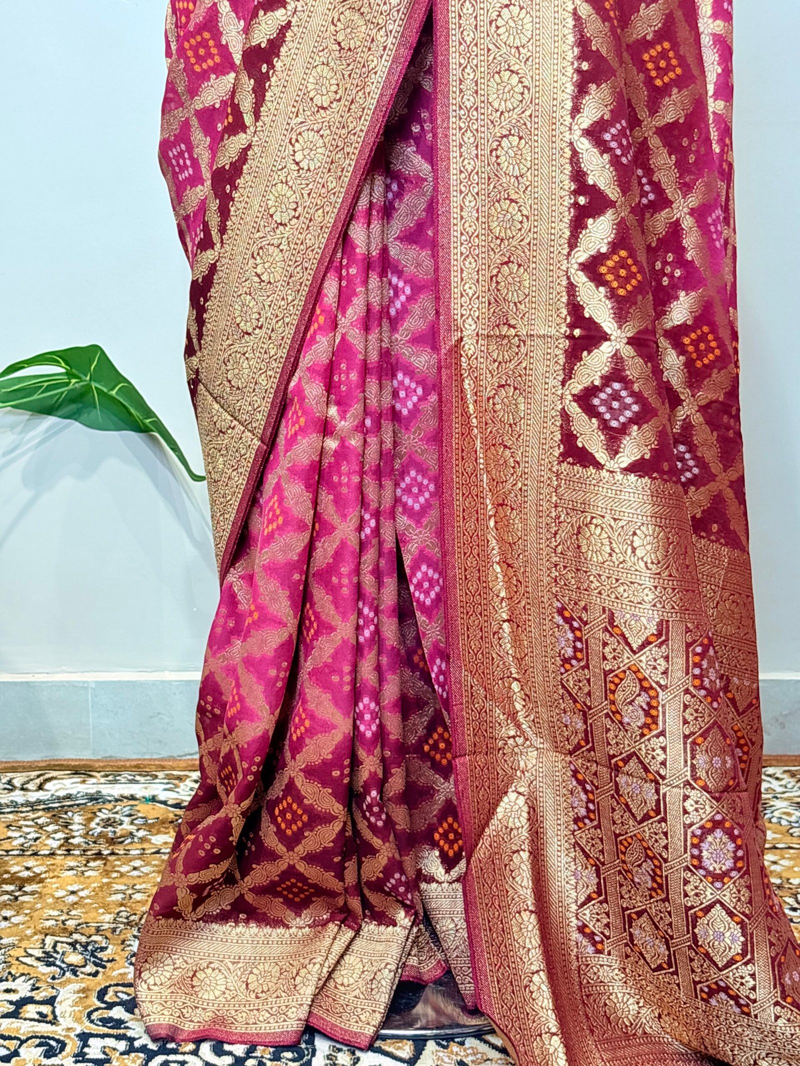 Wine Purple Khaddi Georgette Bandhej Banarasi Saree - Image 7