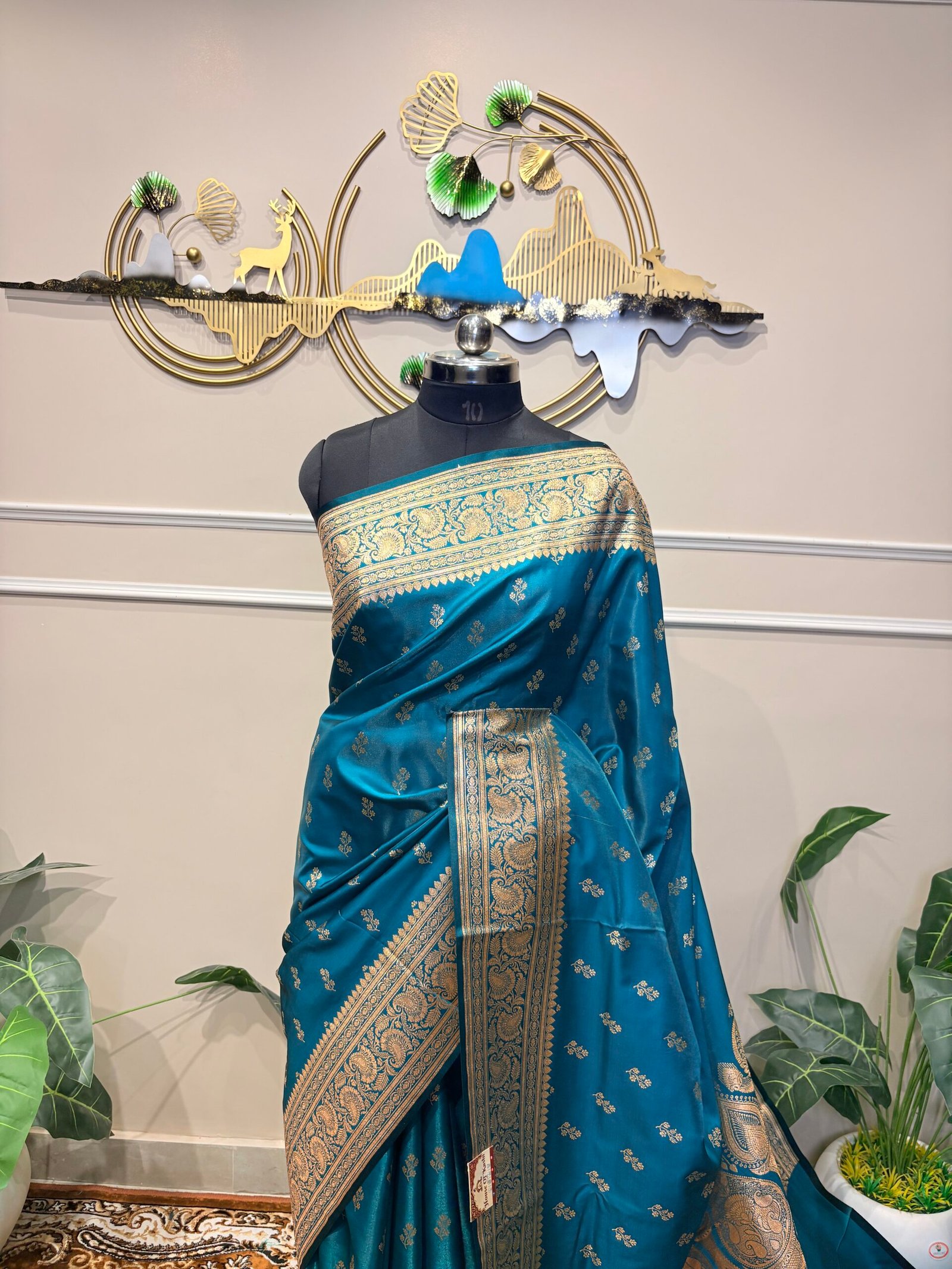 Teal Blue Banarasi Zari Saree - Image 3