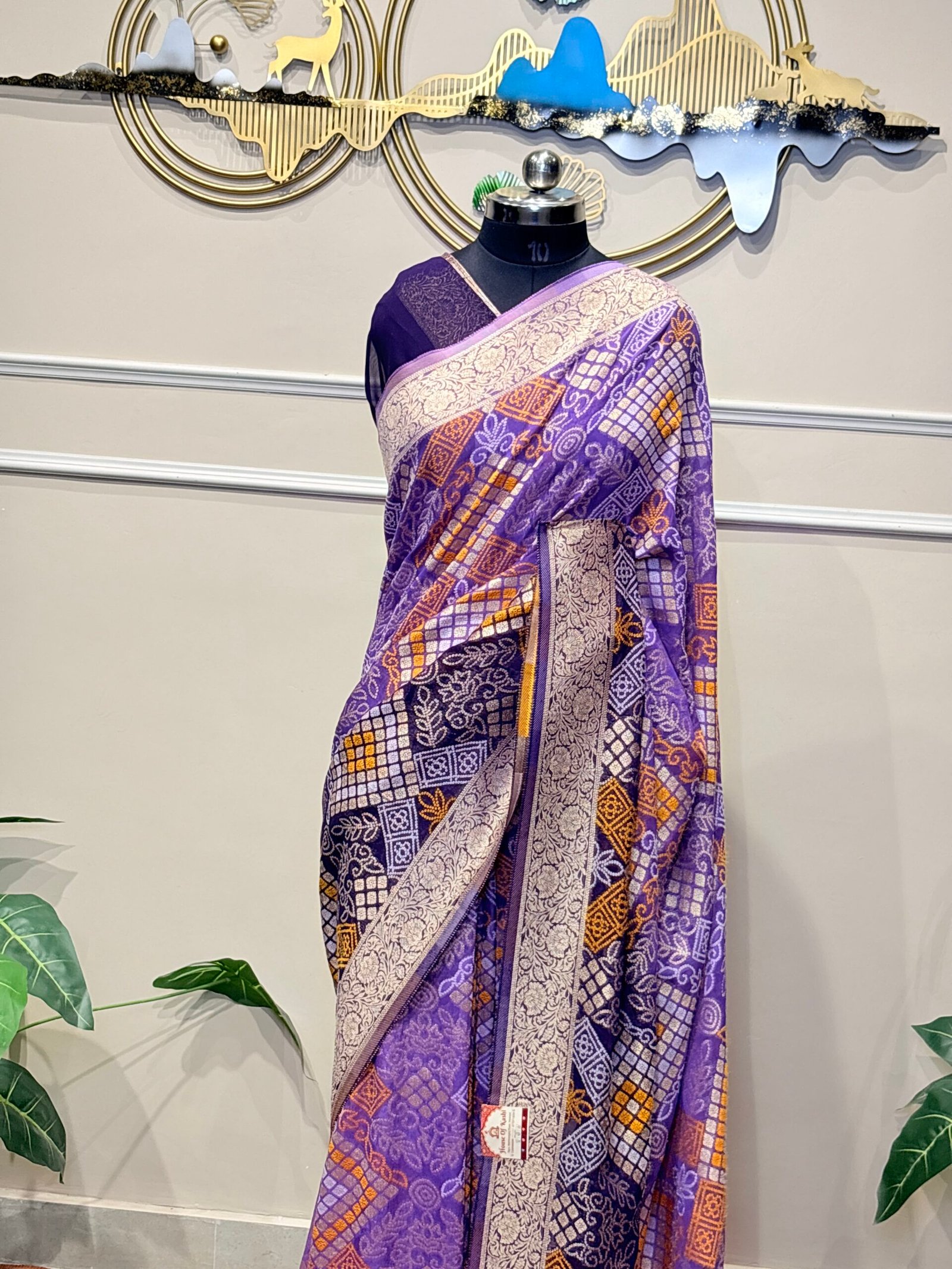 Royal Lavender Khaddi Georgette Bandhej Banarasi Saree - Image 3