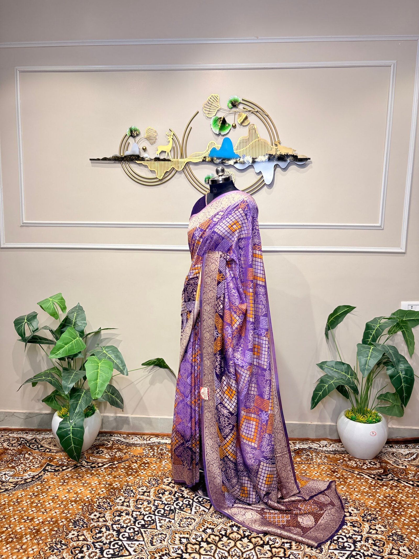 Royal Lavender Khaddi Georgette Bandhej Banarasi Saree - Image 2