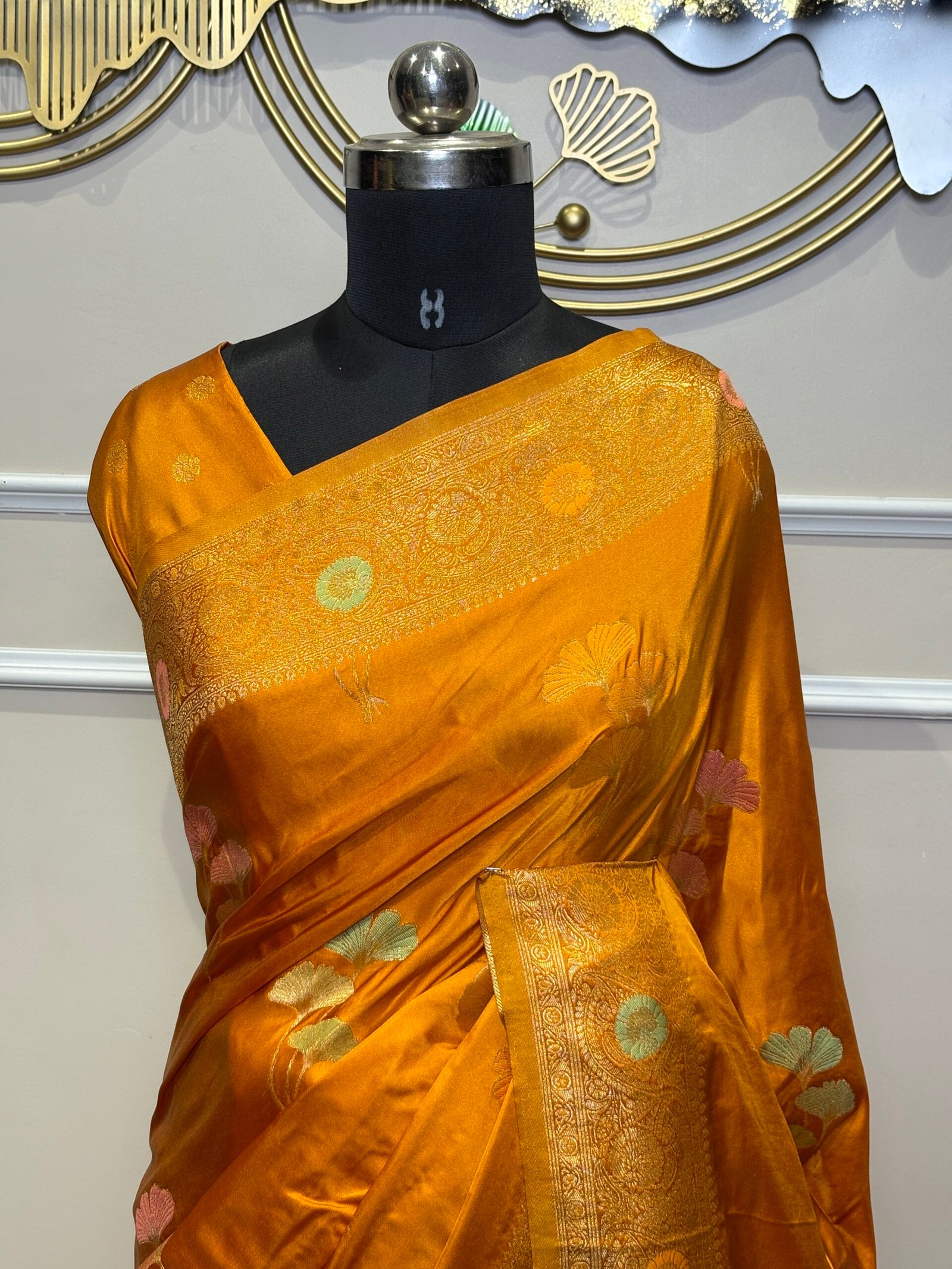 Mushroo Satin Banarasi Saree – Antique Golden Mustard - Image 6