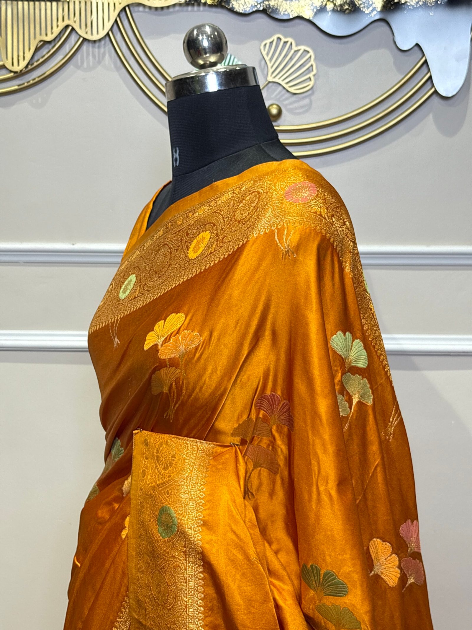 Mushroo Satin Banarasi Saree – Antique Golden Mustard - Image 3