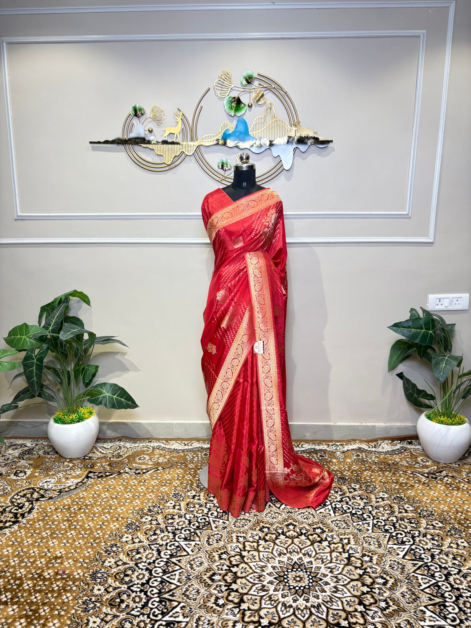 Viscose Banarasi Saree – Ruby Red with Golden Zari - Image 2
