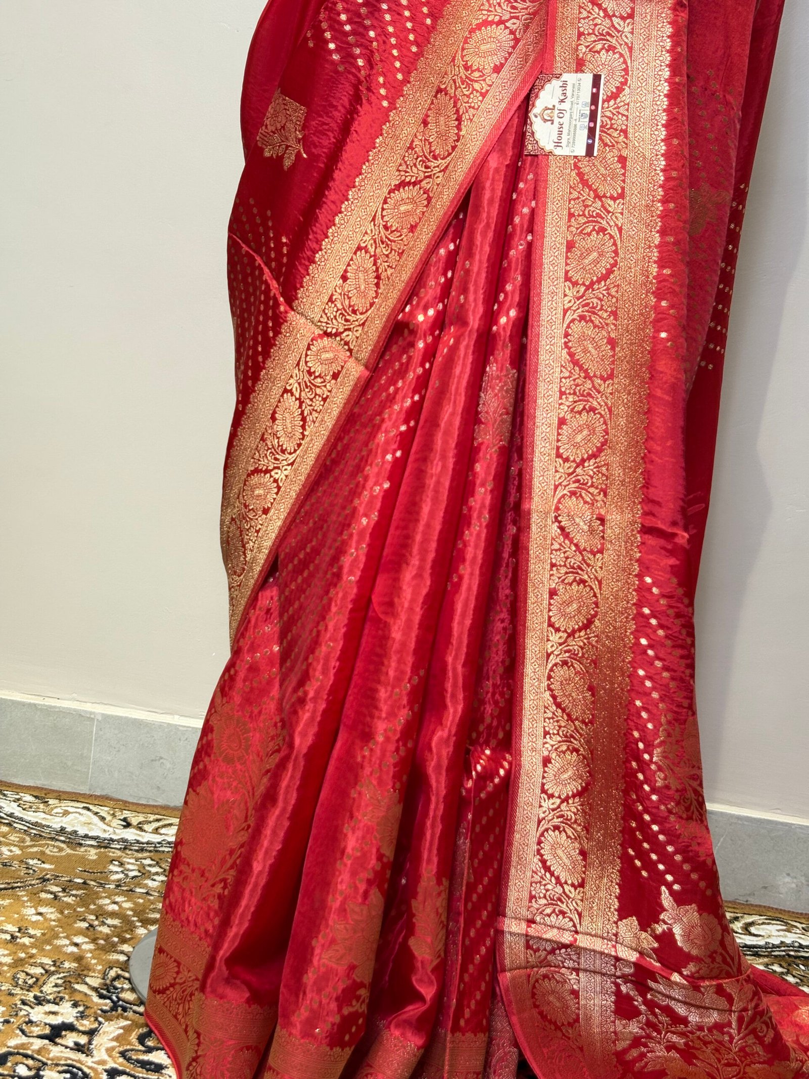 Viscose Banarasi Saree – Ruby Red with Golden Zari - Image 6