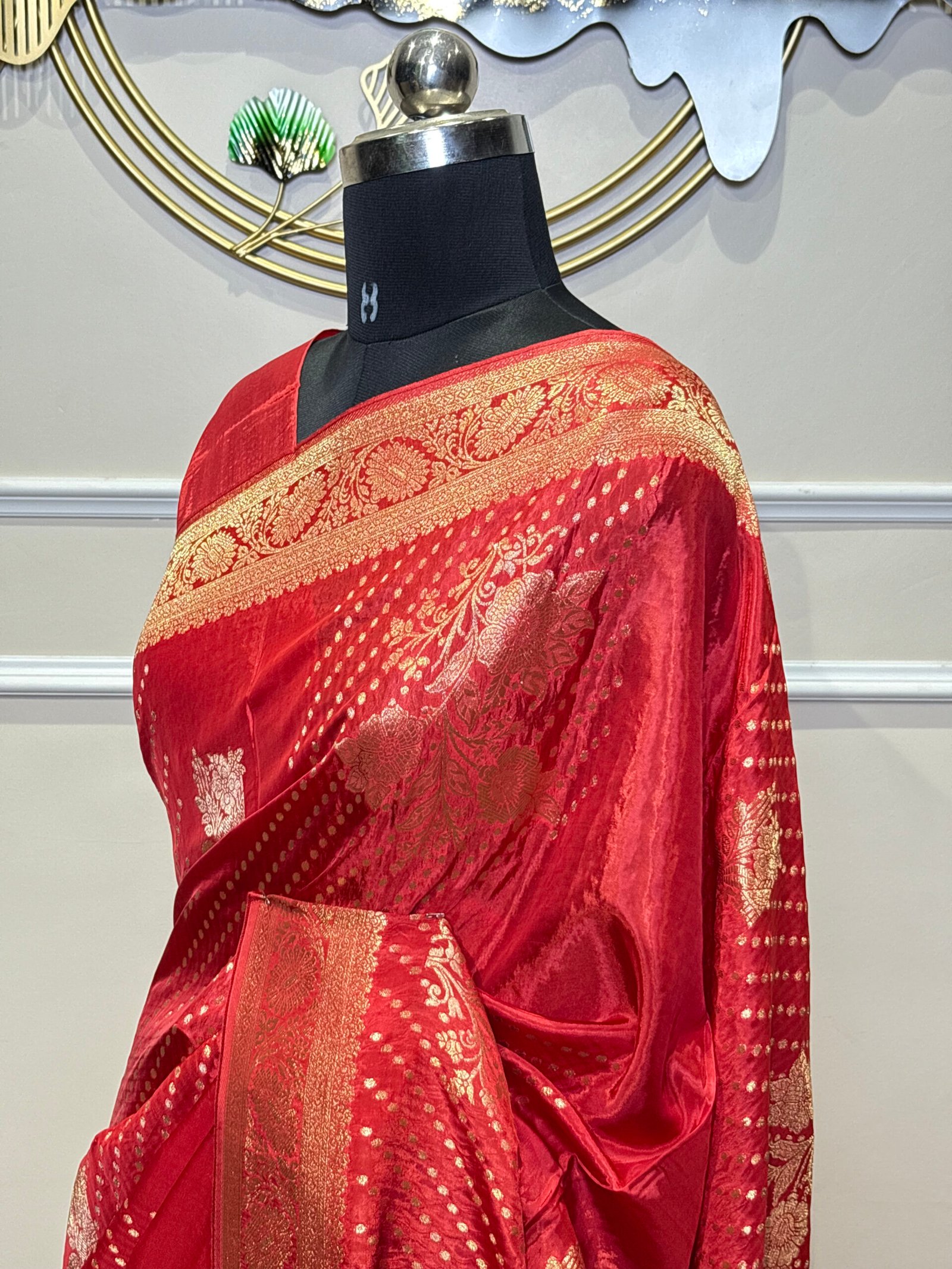 Viscose Banarasi Saree – Ruby Red with Golden Zari - Image 7