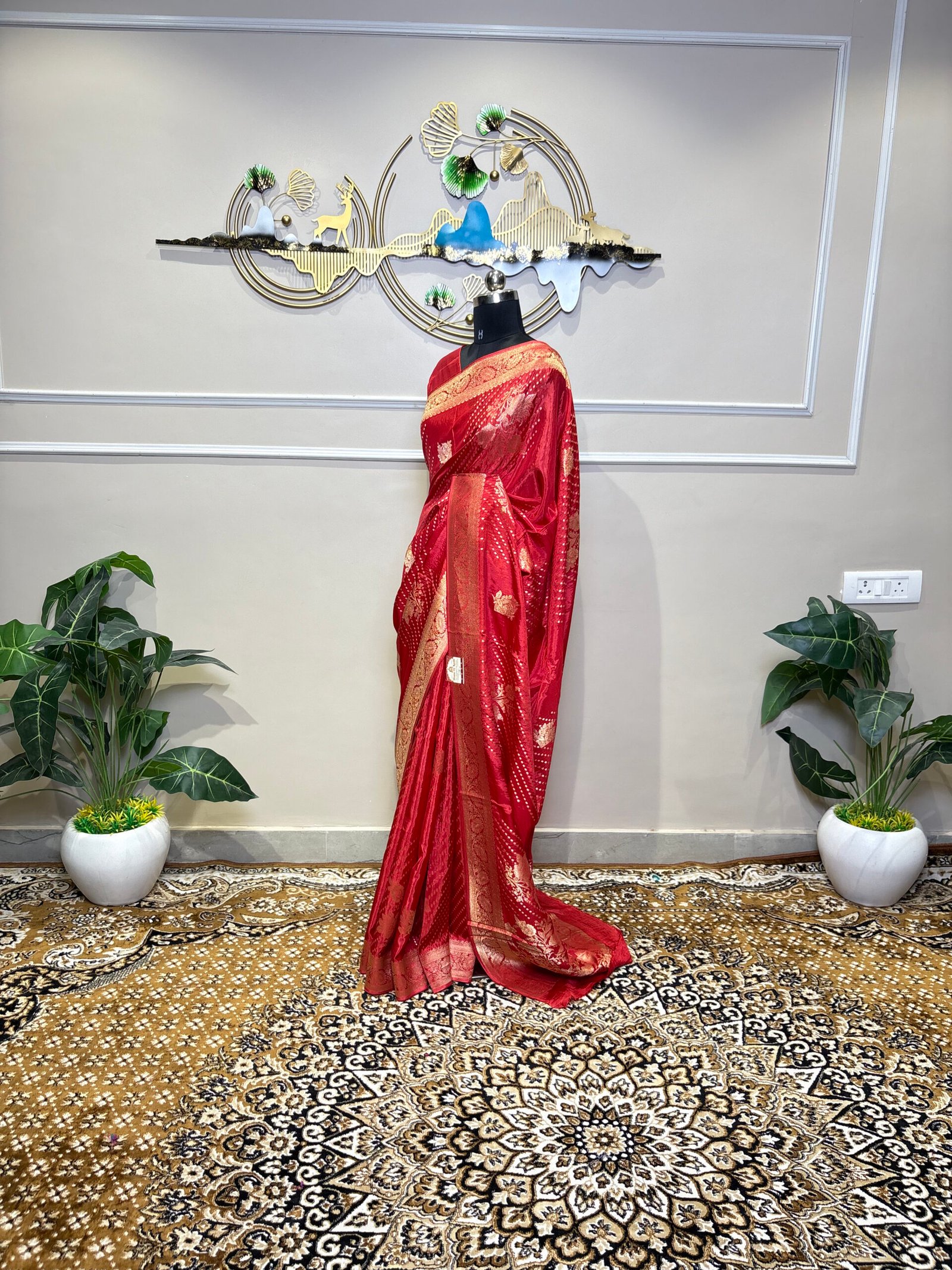Viscose Banarasi Saree – Ruby Red with Golden Zari - Image 3